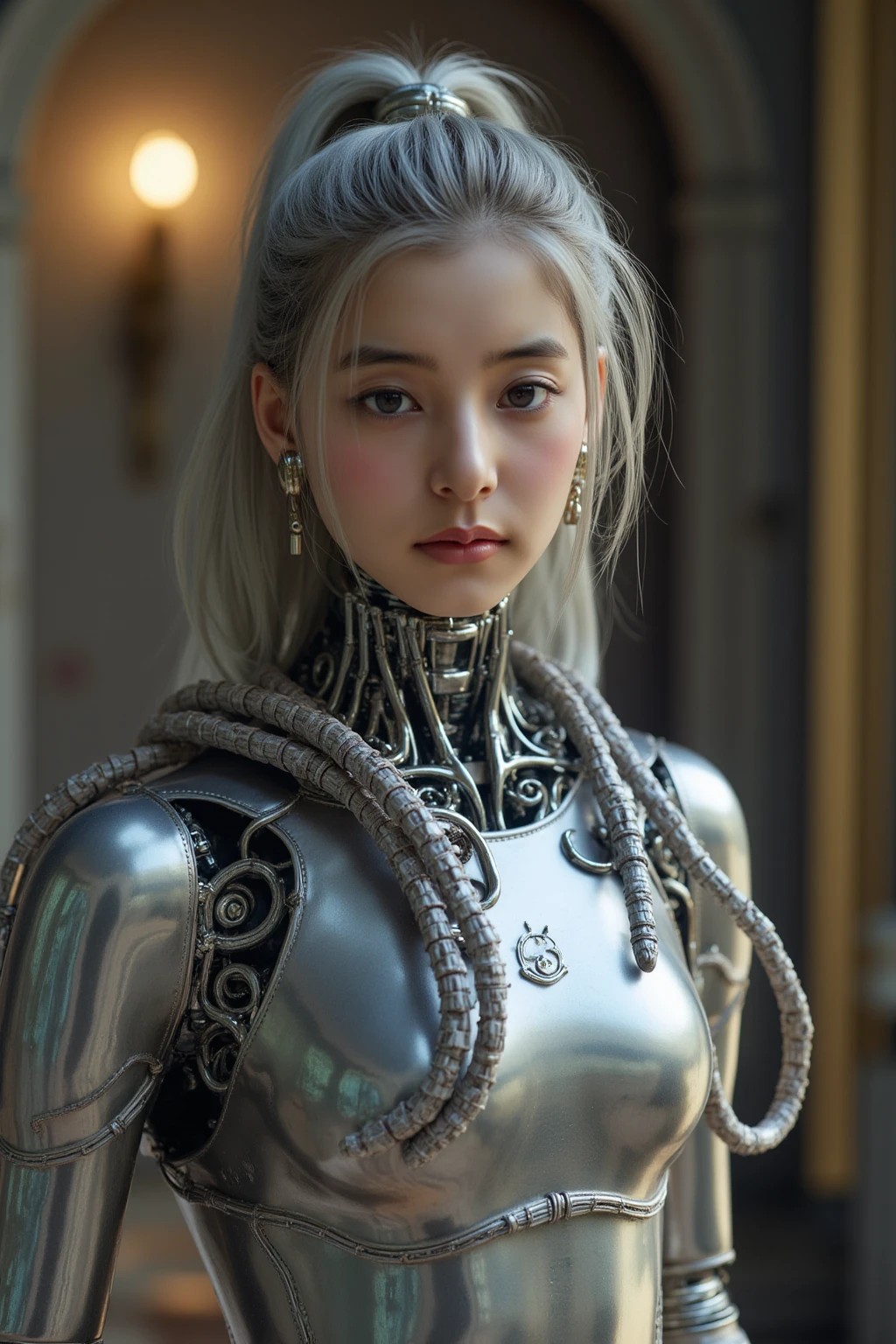 (masterpiece、highest quality、Realistic photos)、A very cute Japanese woman、(Brown skin:1.4)、A complex copper and brass mechanical armor with a skull motif.、Bat Wings、White tone、Blue accents、foot、Extremely intricate details、Posing on the medieval castle walls at sunset、Full Body Shot、Minimum 4 or more generated