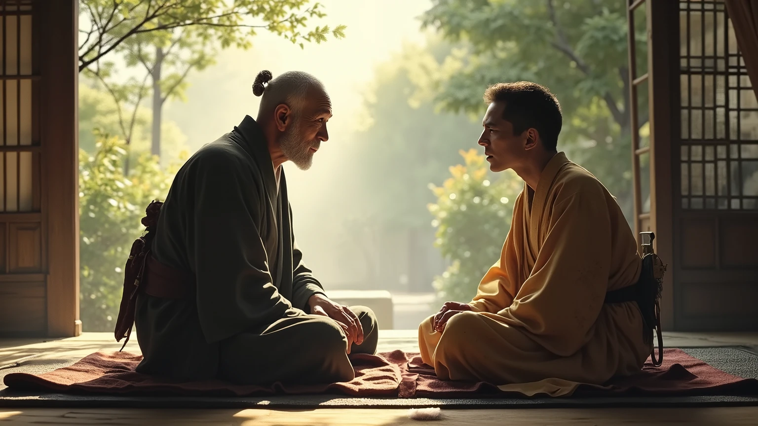 give me a picture of the old Japanese man sitting talking to the young man