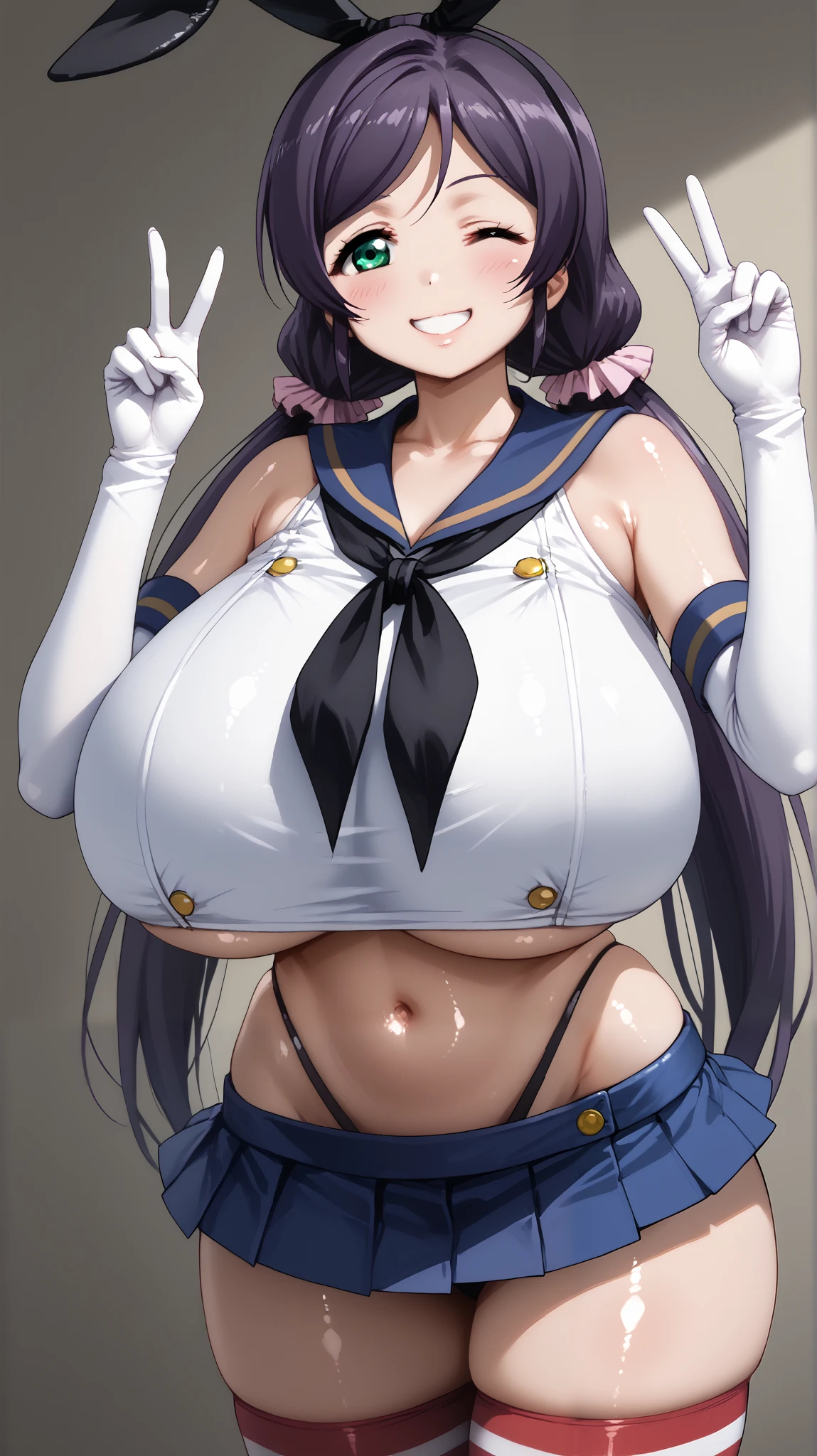 score_9, score_8_up, score_7_up,nozomi toujou, green eyes, purple hair, twintails, low twintails, scrunchie, long hair,gigantic breasts, (gigantic breasts 1:10),curvy, thick,thick thighs, wide hips, shiny skin, shimakazecosplay, shimakaze \(cosplay\), highleg panties, black neckerchief, microskirt, striped thighhighs, highleg, black panties, elbow gloves, thong, blue sailor collar, white gloves, crop top, sailor collar, blue skirt, black hairband, bunny ears,peace sign, wink,smile,