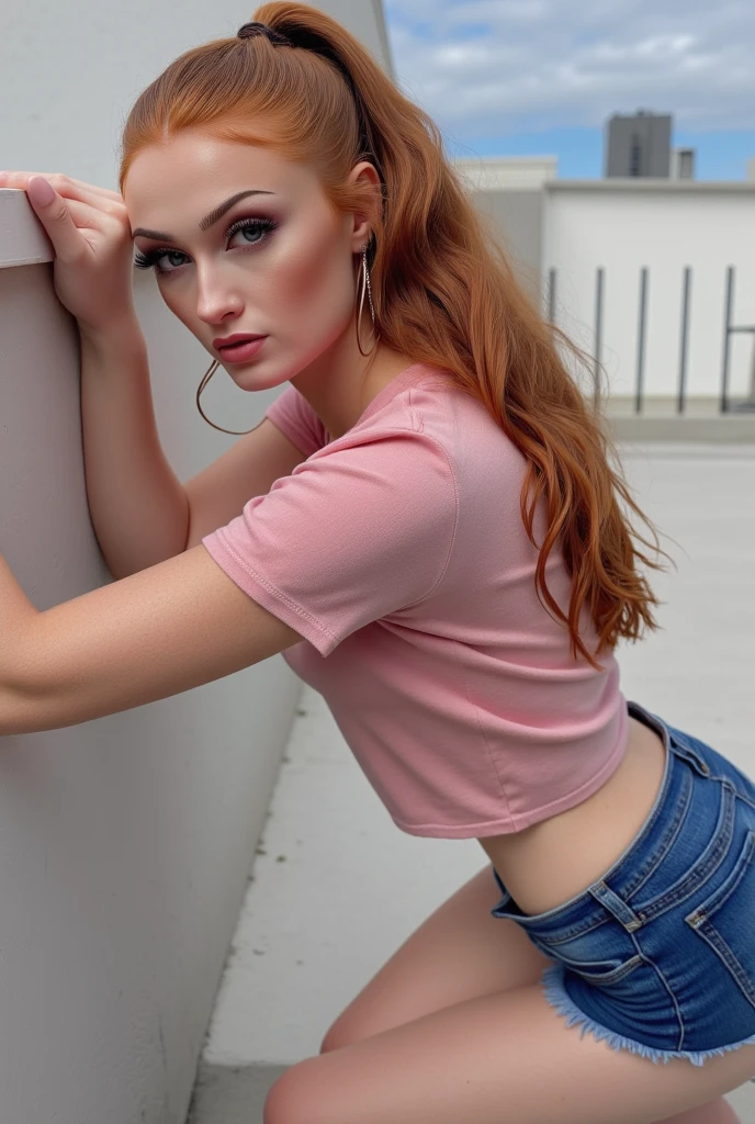 Beautiful redhair girl, wearing shorts and top , on street , thick girl,
