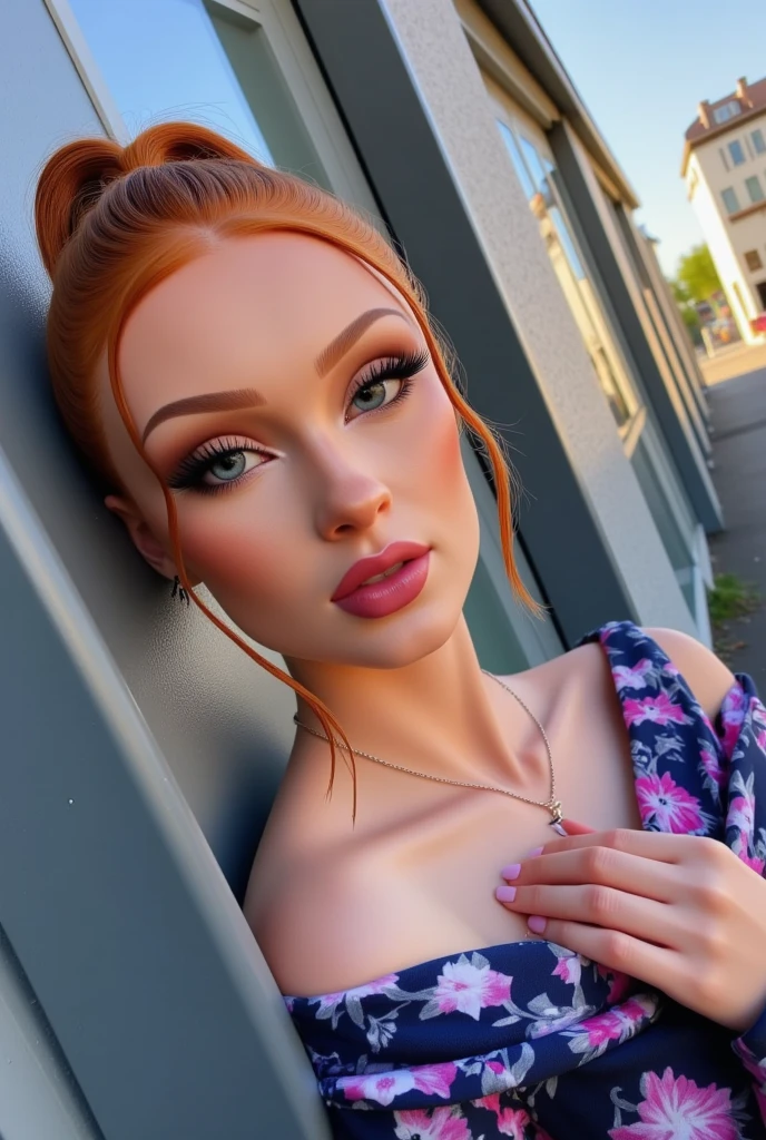 proffesional, (4k photo:1.1) by (Jeremy Lipking:0.3), (Anna Dittmann:0.3), (Marco Ariano:0.3), (sharp focus:1.3), high détail, dressing (tight shirt:1.2), beautifull detailed face, an attractive woman with long red hair looks at the camera, looking like actress Katherine McNamara, Panasonic Lumix S Pro 50mm F/1.4, Anne Stokes, splash of color, dark orange and dark emerald, ferrânia p30, photo realist, (attractive young woman:1.3), (seducer:1.1), (blushful:1.1), Hourglass body shape, big round breasts, Broad Hips, in the city background, taking selfie, dressing jumper