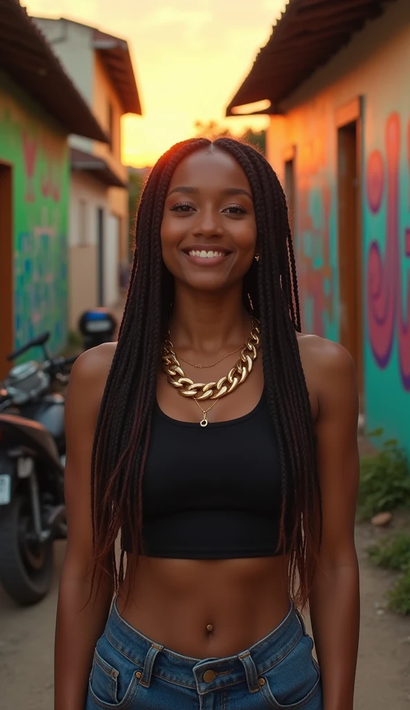um close up de uma mulher com longos cabelos pretos usando um top listrado, long black braids, adolescente negra, long black braided hair, black hair in braids, box braids, long braided black hair, com rabo-de-porco preto, cornrows braids, longas fileiras de milho, Menina africana de pele clara, white black fade braided hair, mulher jovem negra, long braids