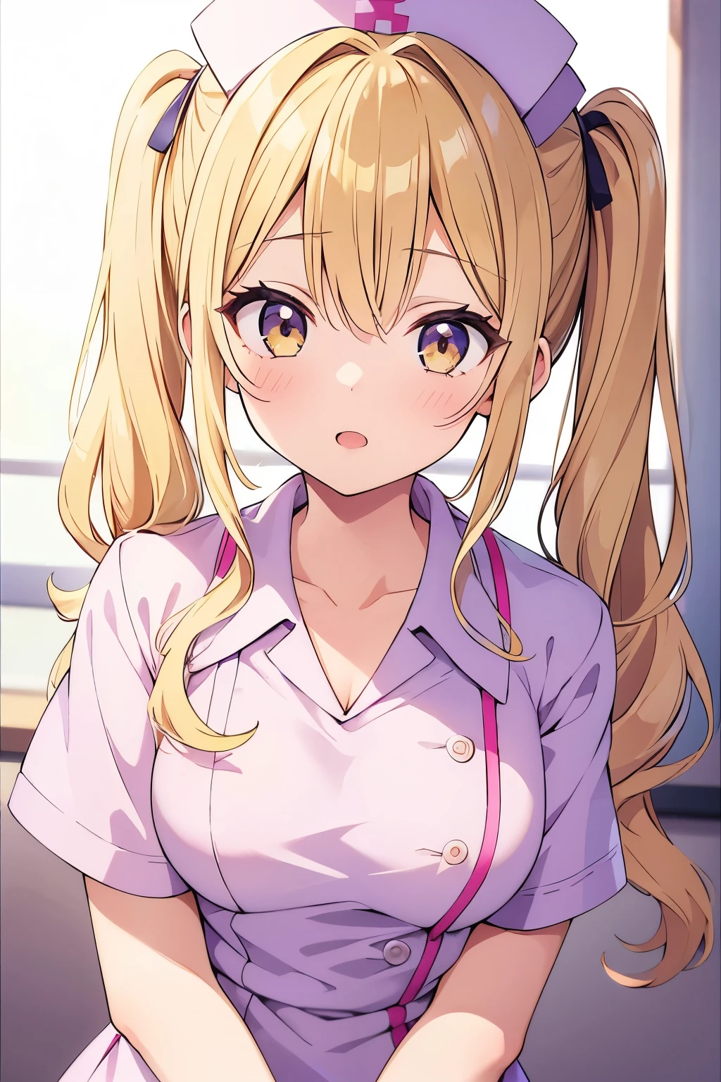 masterpiece, Highest quality, 1 girl, beautiful face of a 24-year-old Japanese person down to the smallest detail, ((ピンクのnurse)),  stand straight ,  take off the blouse , Classify your hair, wavy hair, twin tails, blonde hair, nurse&#39; uniform with partially open buttons, smile, (small breasts), (flat chested), sweat, smile