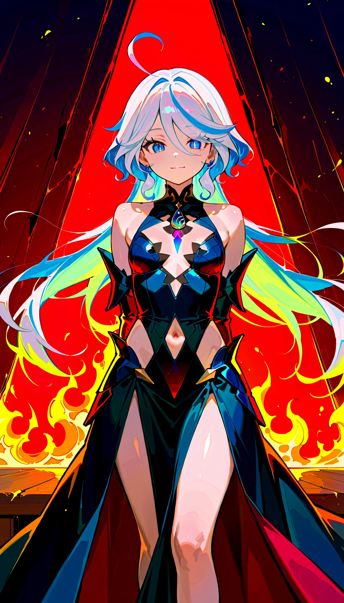 "A beautiful and innocent warrior, inspired by Furina. She has long white hair, shiny, flying in the wind, sparkling eyes exude confidence and strength. She stands on the porch between the dark and smoky ancient battlefield, red light from the flames reflected onto the shiny black dragon scale armor. Armor made of high-tech metal, hugs her petite yet charming body, accentuate soft curves and plumpness. Shoulder-length armor design, revealing blue bones and slender shoulders, add femininity. Her hands behind her back, chest protrudes forward, Proud and indomitable divine. Complex lighting and subtle shadows create so the strong contrast, accentuates the mysterious and captivating warrior atmosphere amidst the dark scenery, Alone."