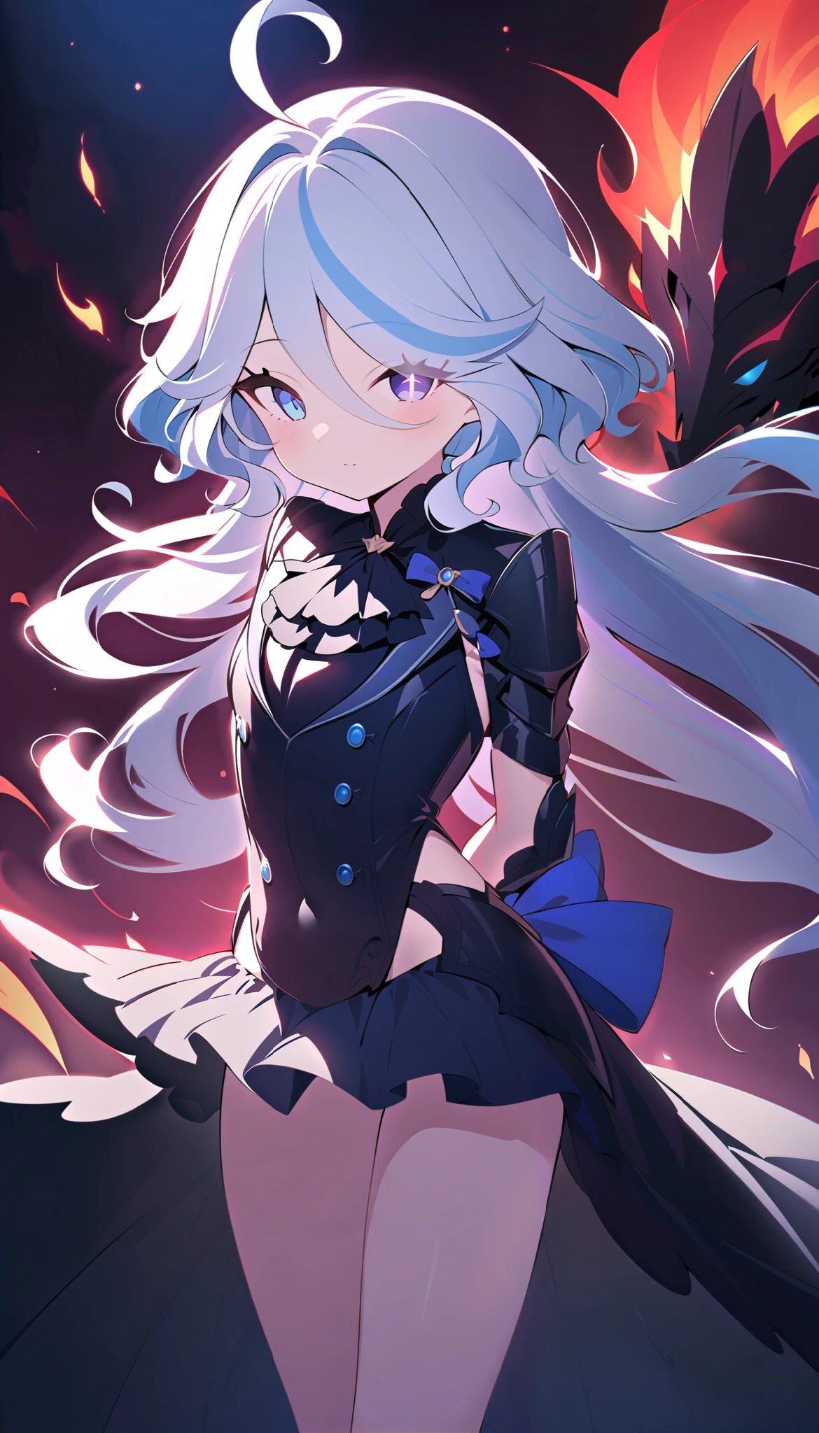 "A beautiful and innocent warrior, inspired by Furina. She has long white hair, shiny, flying in the wind, sparkling eyes exude confidence and strength. She stands on the porch between the dark and smoky ancient battlefield, red light from the flames reflected onto the shiny black dragon scale armor. Armor made of high-tech metal, hugs her petite yet charming body, accentuate soft curves and plumpness. Shoulder-length armor design, revealing blue bones and slender shoulders, add femininity. Her hands behind her back, chest protrudes forward, Proud and indomitable divine. Complex lighting and subtle shadows create so the strong contrast, accentuates the mysterious and captivating warrior atmosphere amidst the dark scenery, Alone."