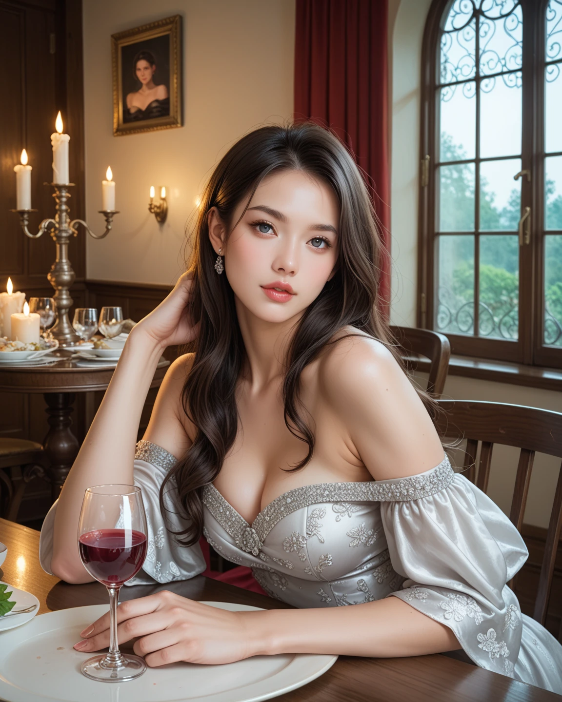 Inside the Baroque style library, 1 european 25 y. o. woman sitting at the table writing a letter, in antique armchair, in front of her glass with red wine in it, some food on table, candlesticks with candles, soft blurry front light, jewels, pendant made of glass, perfect face, rule of thirds, realistic eyes, extra long wavy brown hair, highly detailed hair, on one hand only four fingers + one thumb, proportionate physique, elegant antique environment, in the background columns and statues made of glass, in18th century Baroque style darkened room, antique furnitures, draperies, bokeh, glow, reflections, soft light rays, neutral colors, insanely intricate details, amazing fine detail, photorealistic, hyperrealistic, lifelike texture, dynamic composition, contrast lighting, cinematic lighting, filmstill, sharp focus, wide angle, ((great depth of field)), raw photo, photon metering, dslr, 8k, ultra high res, hyper detailed, Award - winning photograph, Masterpiece, photography with Hasselblad, f5.6 lens 500mm, Kodak Portra 400 4x5, beautiful princess,perfect face, beautiful face, perfect female body, extra long wavy brown hair, highly detailed hair,green eyes,mature female,crown,sexy red lace gossamer cloak,sexy red lace gossamer coat,sexy red lace gossamer shawl,sexy red gossamer skirt,sexy red lace underwear,sexy red lace thong,red lace gloves,sexy stockings,necklace,earrings,jewels,jewelry,head ornaments,hands ornaments,legs ornaments,high heels,huge breasts,large breasts,big boob,Burst breasts,Big breasts,Plump breasts,Expose breasts,uncovered breasts,Narrow waist,Bare ass,big ass,bare belly,bare navel,wet,wet body,sweating body,shiny skin,pubic hair,