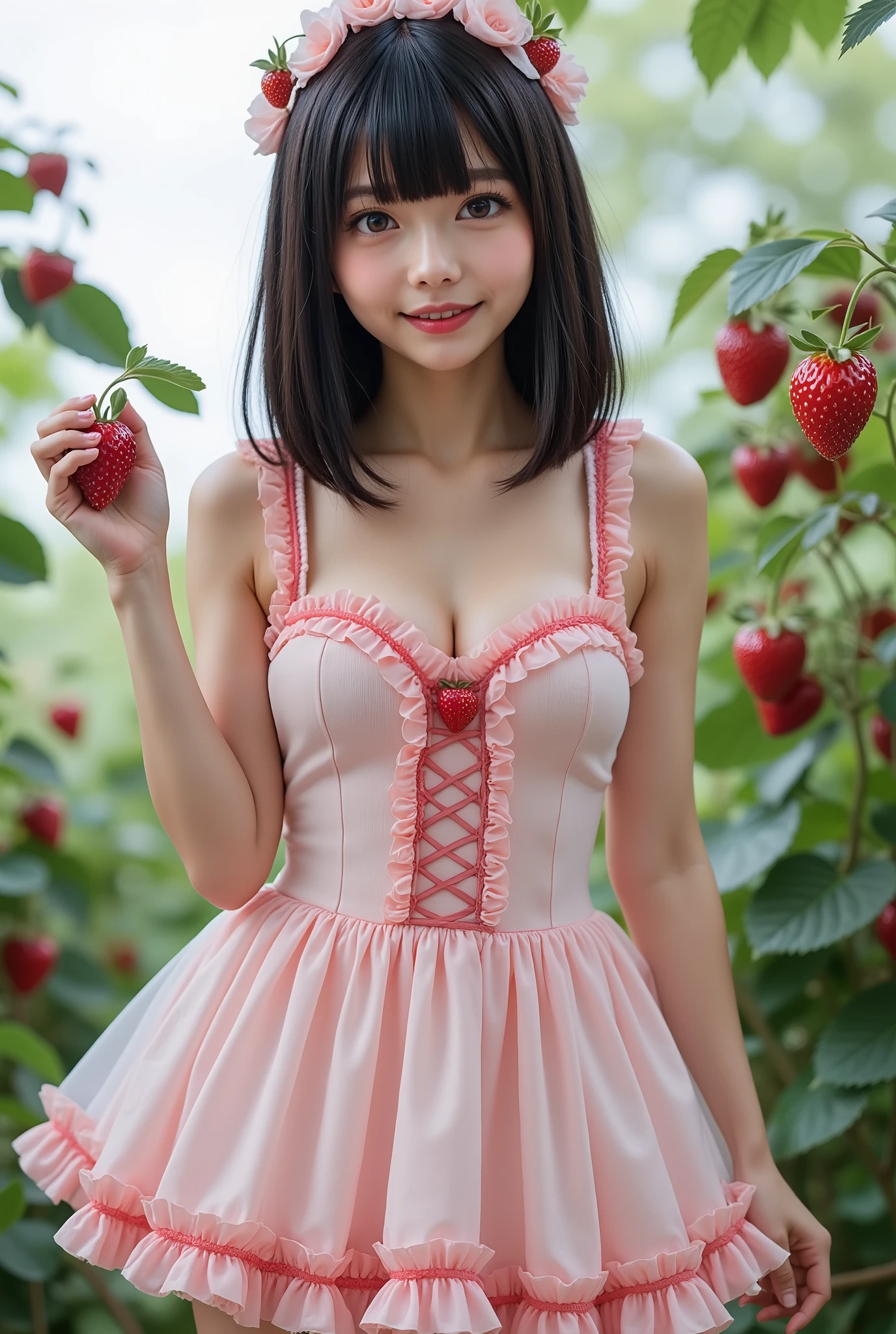 Best quality, masterpiece, ultra-high resolution, 8K, (reality: 1.4), RAW photos, most detailed face, shiny skin, girl.an One 18-year-old Japanese.My bangs and eyes are big and cute.It has brown eyes, long brown hair, a young face, a young face, and a large chest.E-cup. Look at the audience. The best smile,
Strawberry picking, strawberry field scenery, mini dress,
