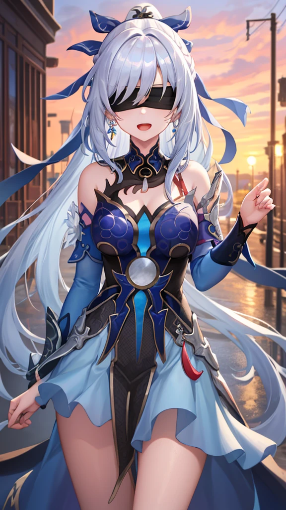 masutepiece, Best Quality, Blue leotard，highleg, Elegant, 1girl in, thigh high boots, Cute, blushed, Looking at Viewer, From  above,, Mini skirt, White and black striped T-shirt, Blue eyes, Beautiful eyes, Beautiful background, light Particle, Sun rays, Dramatic Lighting, Outside, shiny, Realistic, masutepiece, Best Quality, Ultra-detailed, Detailed, Scenery, Beautiful detailed eyes, detailed hairs