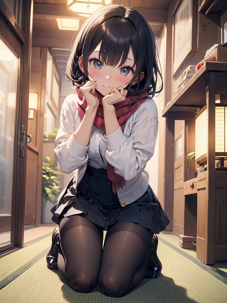 (Best quality, 8k, 32k, Masterpiece, UHD,:1.2),RAW, 1girl,ultra cute , natural lighting,transparent shining eyes, 20yo,medium breast ,fair complexion ,flushed face, dynamic angle, short hair, White sweater, squatting near windows, ((Norwegian Forest Cat at her foot)), Big Cat, Playing with Cat,