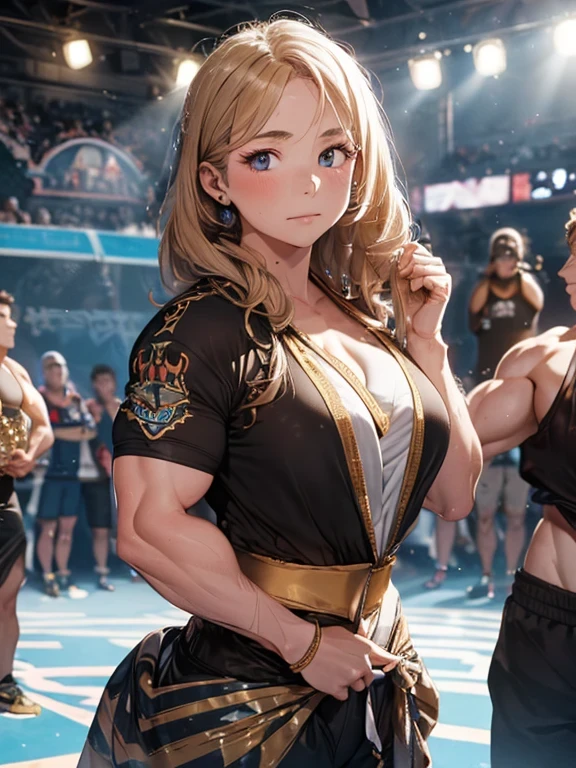 8K、 超A high resolution、Best Quality、Photorealsitic、hightquality、high-detail、masuter piece、(huge-breasted、cleavage of the breast:1.3)、Lower breast、(Red and black、High Leg Racing Bloomers、Sportsbra:1.2)、track and field club、(Standing on the podium、Wear one gold medal around your neck、1 medal、Wave one hand to the audience above、Five Fingers:1.45)、(Brown-haired short-haired chignon:1.2)Extraordinary beauty、(Toned body、Split abs:1.3)Big eyes、Obviously double eyelids、(On a short track in the athletics arena:1.3)、serious facial expression、RunningShoes