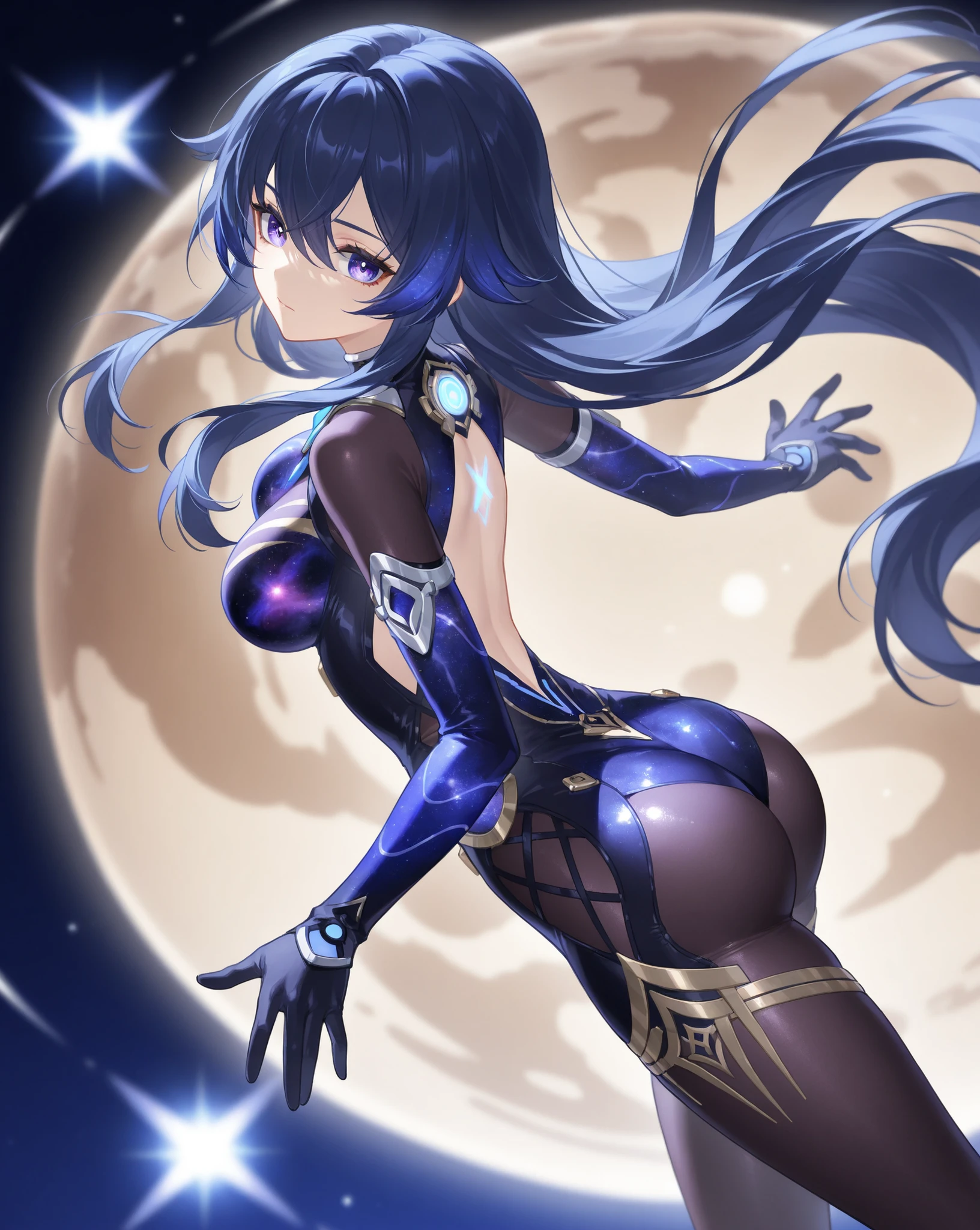 Ravena, sexy titans leotard, blackw, shorth hair, smooth ass,  1 , sexly, Raven Titans s. high qualiy, showing ass, ultra detalhada, Moon Night, on a balcony, ((no coverage)), lying on a bed, Robin in classic uniform, enter the room, Raven is facing the camera