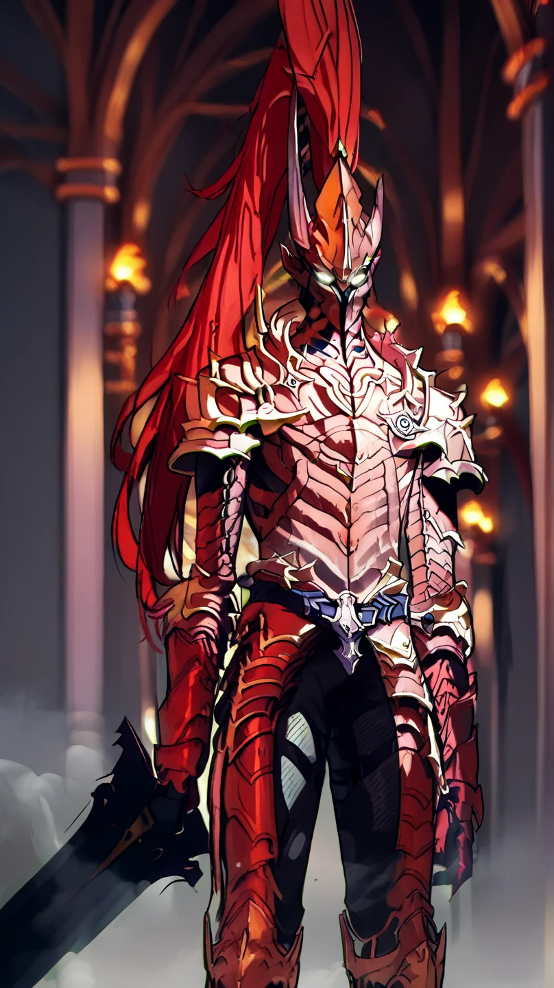 Red body,Blue hood,Slender and huge muscles,armor,Ready your spear,Muscles that are bulging,Evil atmosphere,Water Temple