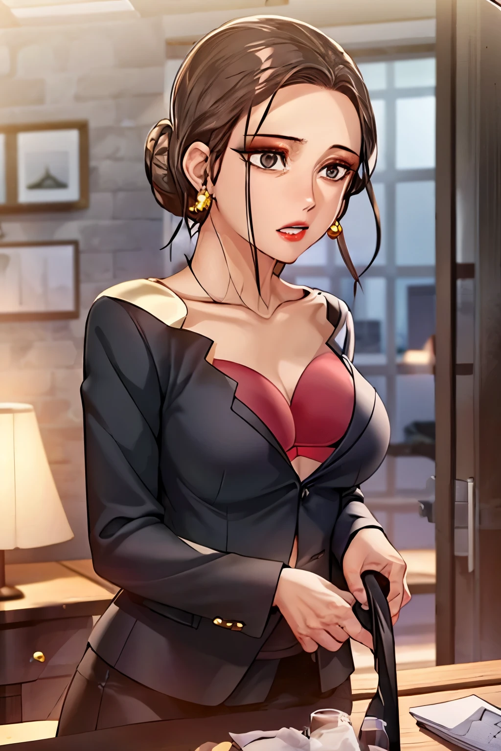 A beautiful sexy milf Women , 1girl red lips, lipstick,huge giant breasts,black , necklace, chandelier earrings,black hair, blunt long hair, smiling expression,  strapless black dress, detailed eyes, stockings 