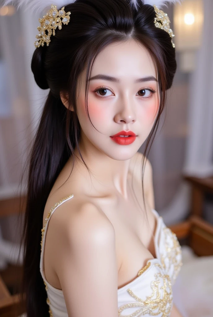 1girl, ((very transparent Hanfu qipao)), (elegant), ((focuss closeup face)), pretty young (Russian) (Asian) (masterpiece), top Chinese model, (aphrodite goddess), (beauty breast), very best quality detailed face:1.5, privium room, (8k HD graphic, (soft and chill light), best quality detailed ultra highres:1.2 dynamic lighting, artstation, winner photography, volumemetricslighting),