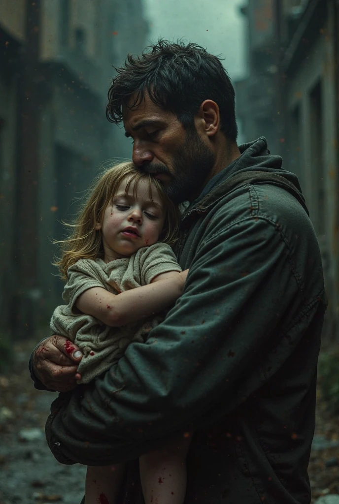 a very tall and muscular lumberjack with a red plaid shirt , blood on lips, big beard , he has a sad look, scar on right eye,  he holds his daughter in his arms. Village scenery in flames. 