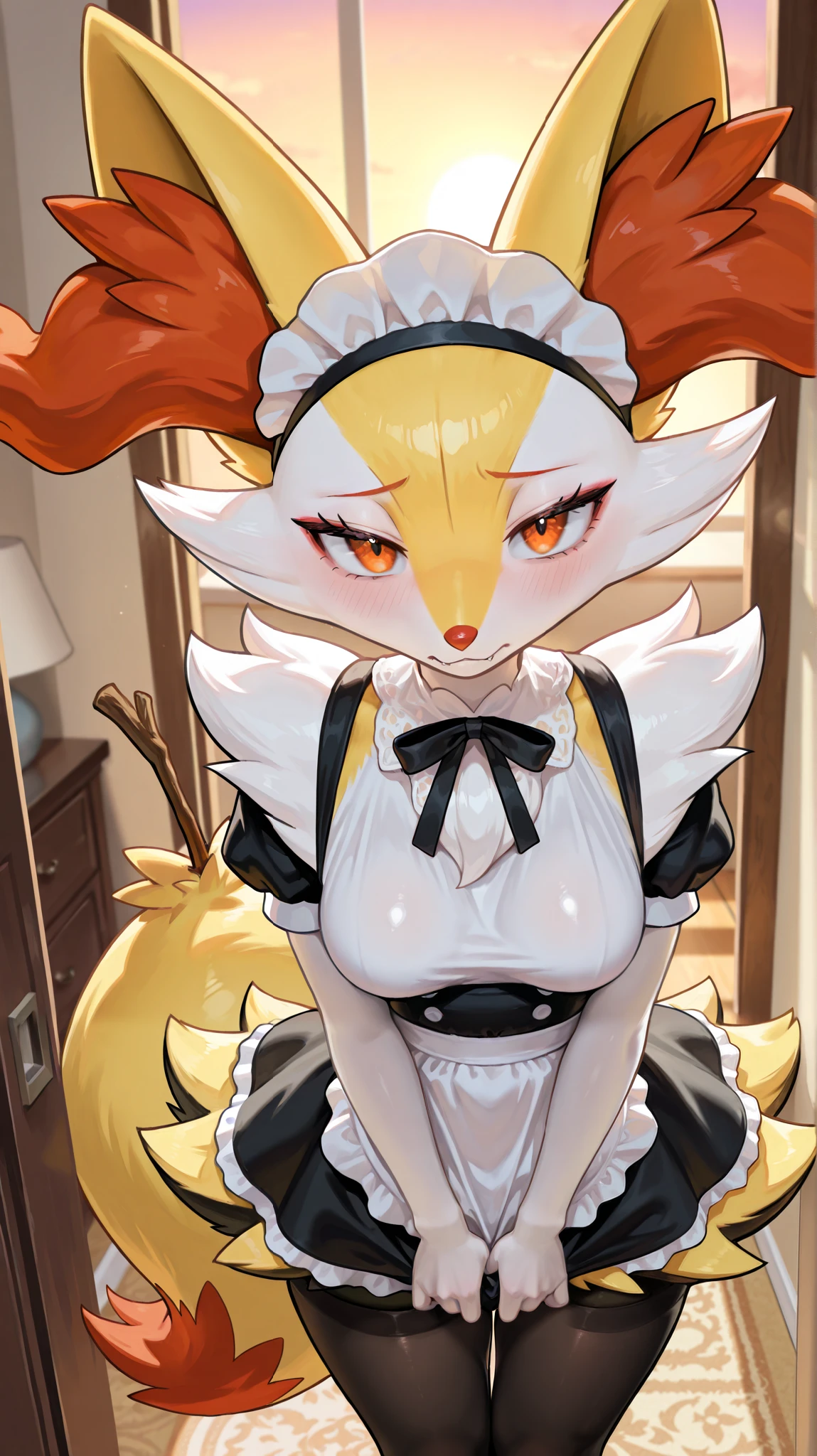 1girl, braixen \(pokemon\), pokemon \(creature\), braixen, furry female, orange eyes, fangs, half-closed eyes, closed mouth, looking at the viewer, tail, medium breasts, thighs, hips, (19-year-old girl), maid uniform, maid outfit, close-up, upper body, female focus, contrast lighting, side lighting, masterpiece, best quality, newest, absurdres, highres, amazing quality, very aesthetic, living room setting, sunset, pov, standing, black stockings, shy, (embarassed), (depressed), (baggy eyes), tired expression, from above
