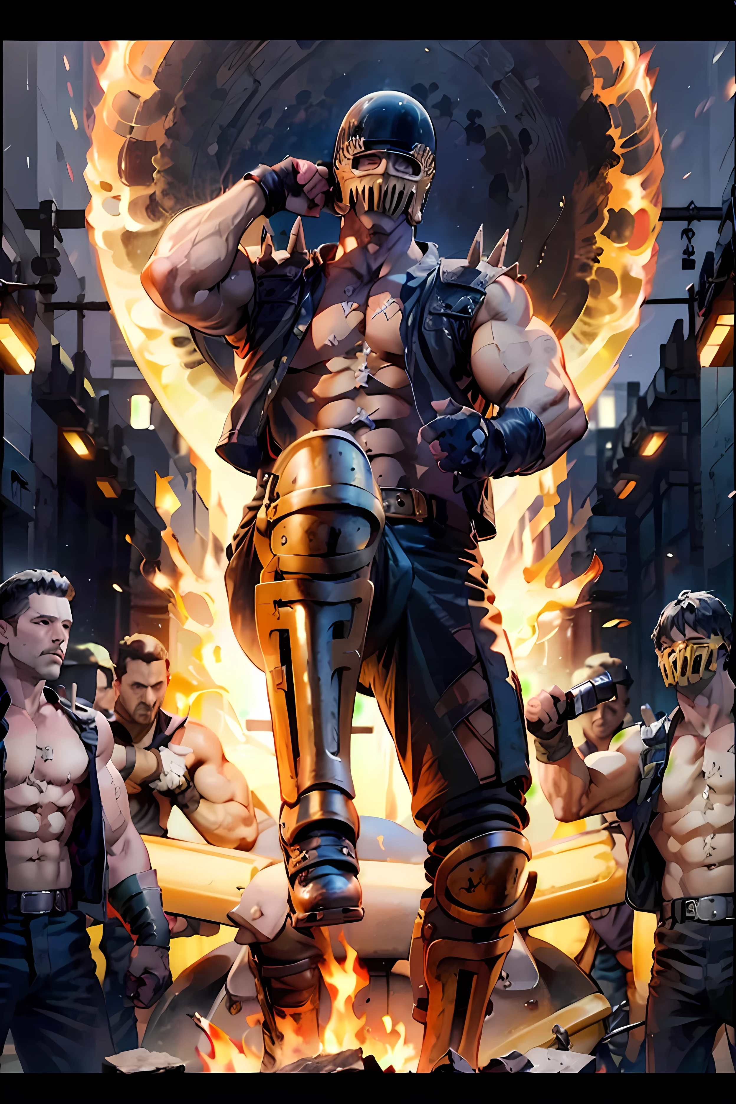 1 male、Jagi from Fist of the North Star(1.5)、mask、 smile fearlessly、buggy and pose on the bike、Pose on a、Black eyes are visible、wilderness、Hold up the gun and shoot up、cool pose、high quality movie poster、4K、8k、high resolution、masterpiece、Extremely Detailed 、real、photo-like texture、HDR、studio lighting、EXTREME DETAILS、Professional、bright colors、action、fantasy、SF、realistic、illustration