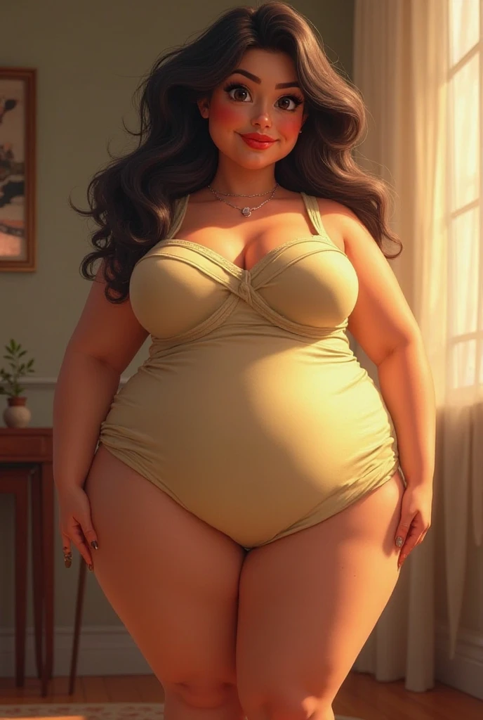 Pixar style image of a white Brazilian woman, medium dark hair, Lipedema, flegs, thick thighs and ankles, wide hip, but it has no belly. Wear panties and bra.She stands in front of a mirror and looks at her own body..
