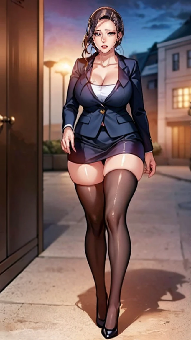 (masutepiece,High quality,16k:1.1),(depth of fields:1.3) ,((front body:1.35)),German ,Woman, ((business suit, mini skirt)), tights,huge breasts, voluptuous, thicc, curvy,(Looking at Viewer:1.3),(full body shot:1.2),(Beautiful Morning view of town:1.2), tall. sexy, mini skirt, pantyhouse, long sexy legs, cleavage