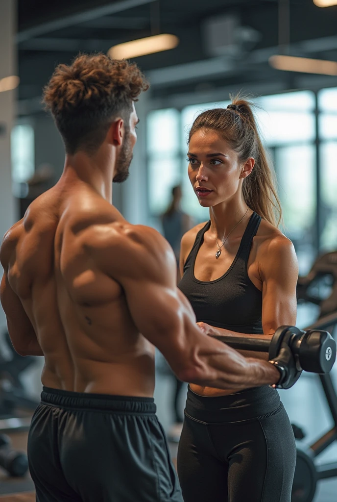 In a spacious and well-lit gym, a female instructor with a large chest is teaching a male client how to perform a strength training exercise. The gym is bustling with activity, filled with various exercise machines, free weights, and mirrored walls reflecting the energetic atmosphere. The female instructor, in her early 30s, is wearing a fitted, light pink tank top and black athletic leggings that highlight her athletic build. Her hair is pulled back into a neat ponytail, and she has a friendly, focused expression on her face. She is standing close to the male client, who is in his mid-20s and dressed in a sleeveless workout shirt and shorts, showing his enthusiasm and determination.
The instructor is demonstrating a bicep curl with a pair of dumbbells, her arms flexed and muscles defined, while explaining the correct form and breathing techniques. The male client is mimicking her movements, paying close attention to her instructions. Around them, other gym-goers are engaged in their own workouts, creating a dynamic and motivating environment. The background features rows of treadmills, stationary bikes, and a stretching area, giving a comprehensive view of the well-equipped gym.