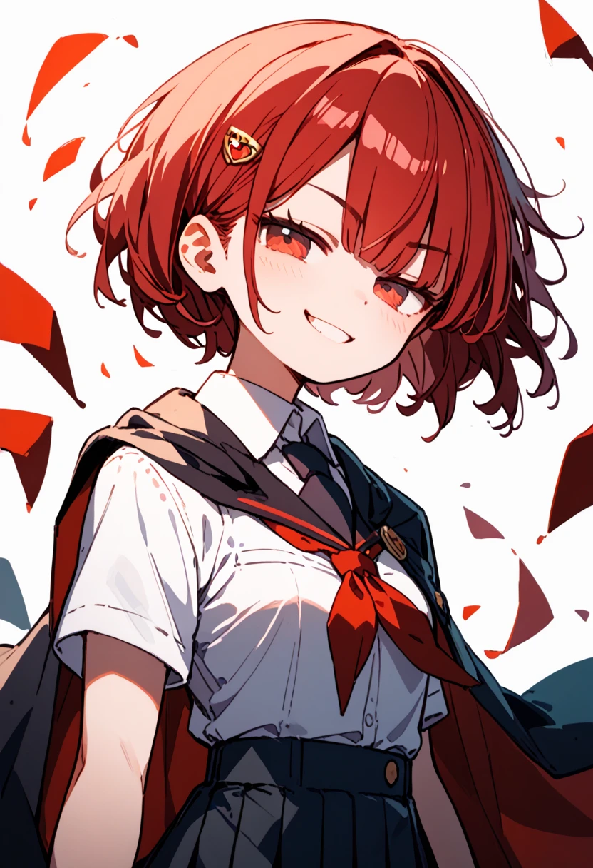 masterpiece, of the highest quality, Best Quality, 1 girl, Alone, looking at the viewer, , rin Tezuka, (armless amputee:1.2), Brown hair, neck, necked shirt, (double amputee:1.2), green eyes, Katawa Shojo, Red tie, shirt, short hair, Alone, white shirt,  lozhkin, smile, precise teeth with gaps 