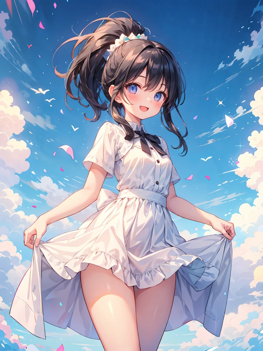 An illustration,Illustration of only blue sky and white clouds,Layered white clouds,sunny,illustration,Little fresh,masterpiece,movie quality