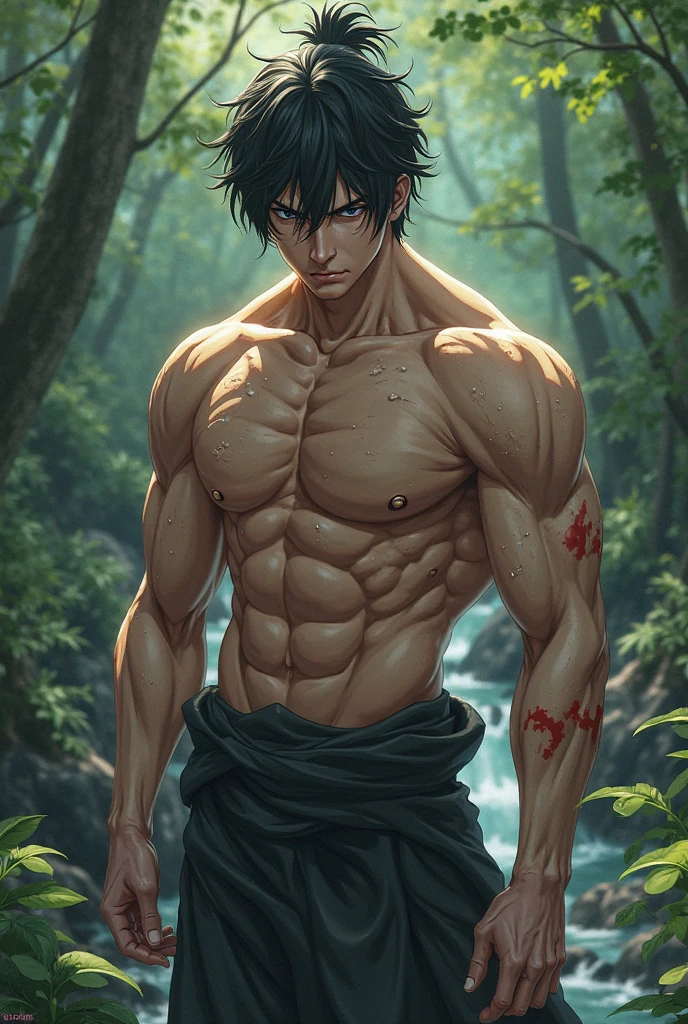 boy,without shirt,ready to fight,perfect face,forest lake,morning background,8k,masterpiece,ultrasharp,windy hair,
