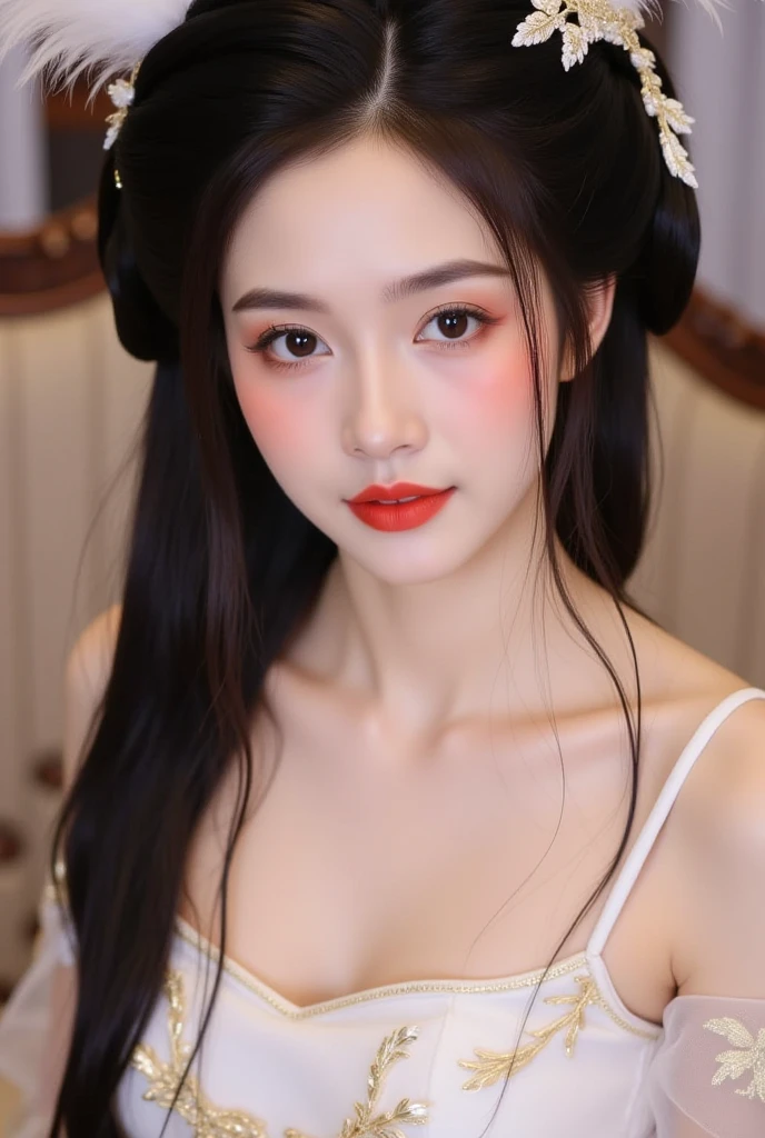 1 18-year-old girl is extremely pretty and graceful, dressed in a slender, ancient han dynasty costume, masterpiece, highres, In the Dark: 1.6), Super realistic female portrait of David Hockney and Alphonse Mucha, realistic girl, long silky black hair, double bangs, non-fiance style hair styling, chinese face, cute face, realistic girl, photorealism, dynamic lighting, artstation, volumetric lighting, very detailed faces, (((Oval face: 1.2))), ((short chin:1.8)), 8k ultra, Awarded, in the dark, deep shadow, low key, cowboy lens, red phoenix dress, bust, luxurious palace, hanfu style, crown, black eyes make up very sharp and detailed, face cleaning, the most beautiful face, Balanced teeth, bright white teeth, chinese pretty girl, the breasts are very big and round and round, breast augmentation, very tight breasts, Super realistic, chinese women's clothing, eyes wide open, the eyes are very well made up, eye bags under wet makeup, guweiz, dunhuang style, wearing black mesh socks, long and neat black hair, double bangs, mouth closed, don't laugh out loud, red lipstick, ((thick upper lip:0.6)), small and red lips, the landscape is overcast and thunderous, upper body portrait, Close-up of the main character, (Background details 1.8), smooth skin, rosy and smooth skin, HDR, UHD, 8k quality, detailed pixel, super realistic, ultra realistic, attractive girl, look at the girl's upper body, look directly at the viewer, get close to the girl, take a close-up photo of the girl,