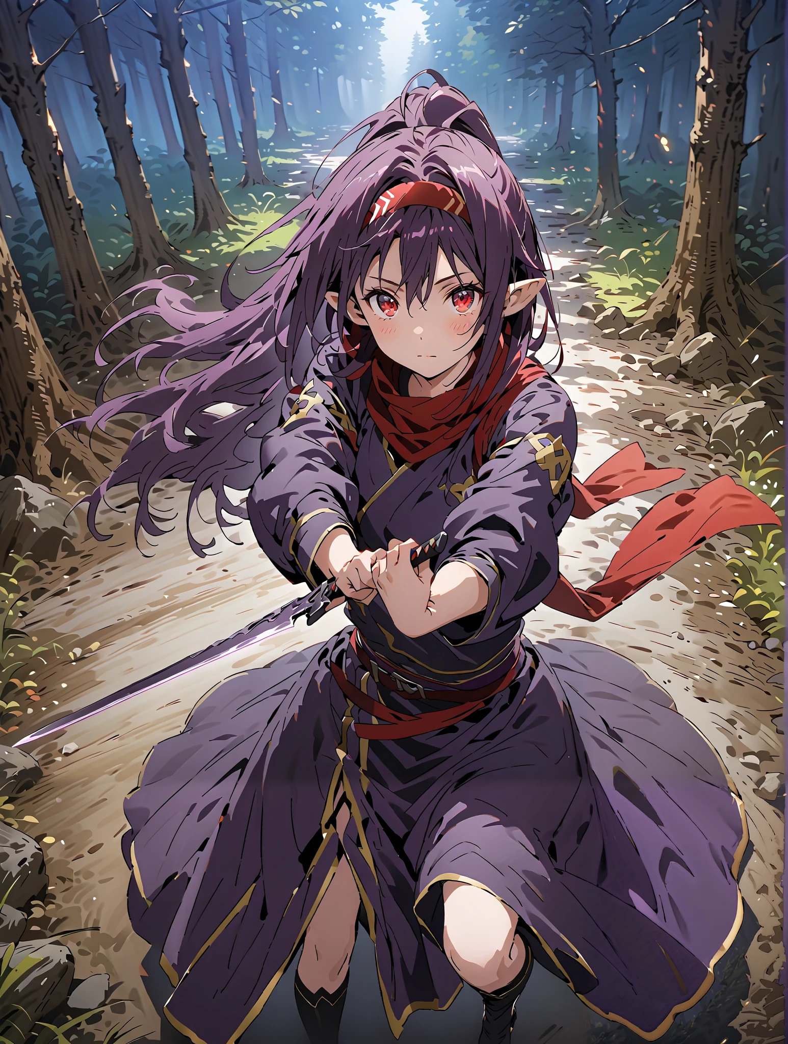 yuukiKonno, Konno Yuuki, Hairband, long hair, pointy ears, purple hair, stアップid hair,RED EYES,ponytail with a man, purple kimono , purple spots , red scarf,boots,Serious,
抜knife術の構え, Viewer, holding, weapons, Sword 1:1, holding weapons, holding 剣, standing, knife, sheath, sheathed, combat posture, night ,Trail,full bodyがIllustration of both eyesに入るように,break outdoors,nature,forest,
break looking at viewer,full body,
break (masterpiece:1.2), Highest quality, high resolution, Unity 8k Wallpaper , (Illustration of both eyes:0.8), (beautiful and detailed eyes:1.6), has a very elaborate face, perfect lighting, very detailed CG, (perfect hand, perfect anatomy),full body写真,