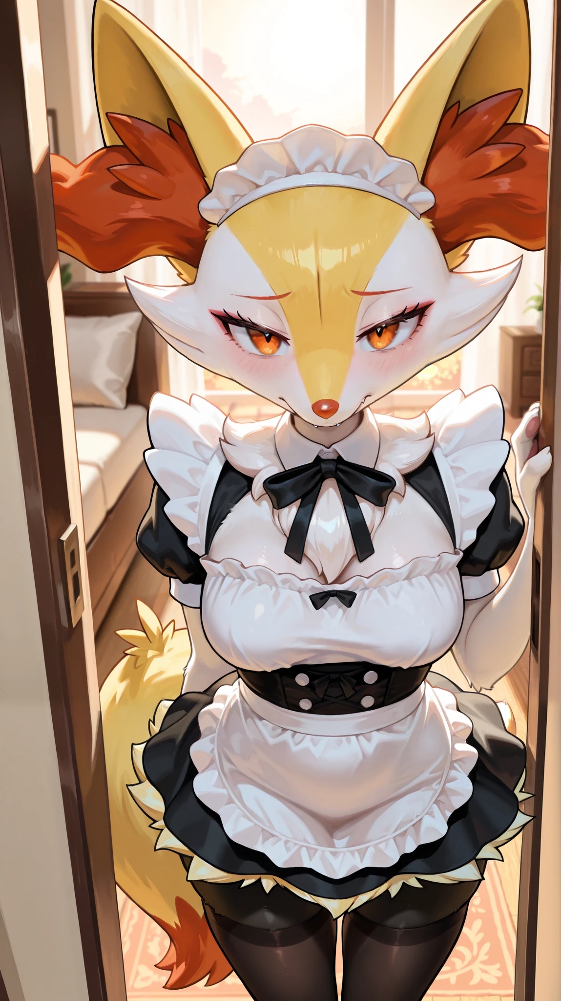 1girl, braixen \(pokemon\), pokemon \(creature\), braixen, furry female, orange eyes, fangs, half-closed eyes, closed mouth, looking at the viewer, tail, medium breasts, thighs, hips, (19-year-old girl), maid uniform, maid outfit, close-up, upper body, female focus, contrast lighting, side lighting, masterpiece, best quality, newest, absurdres, highres, amazing quality, very aesthetic, living room setting, sunset, pov, standing, black stockings, shy, (embarassed), (depressed), baggy eyes, tired expression, from above