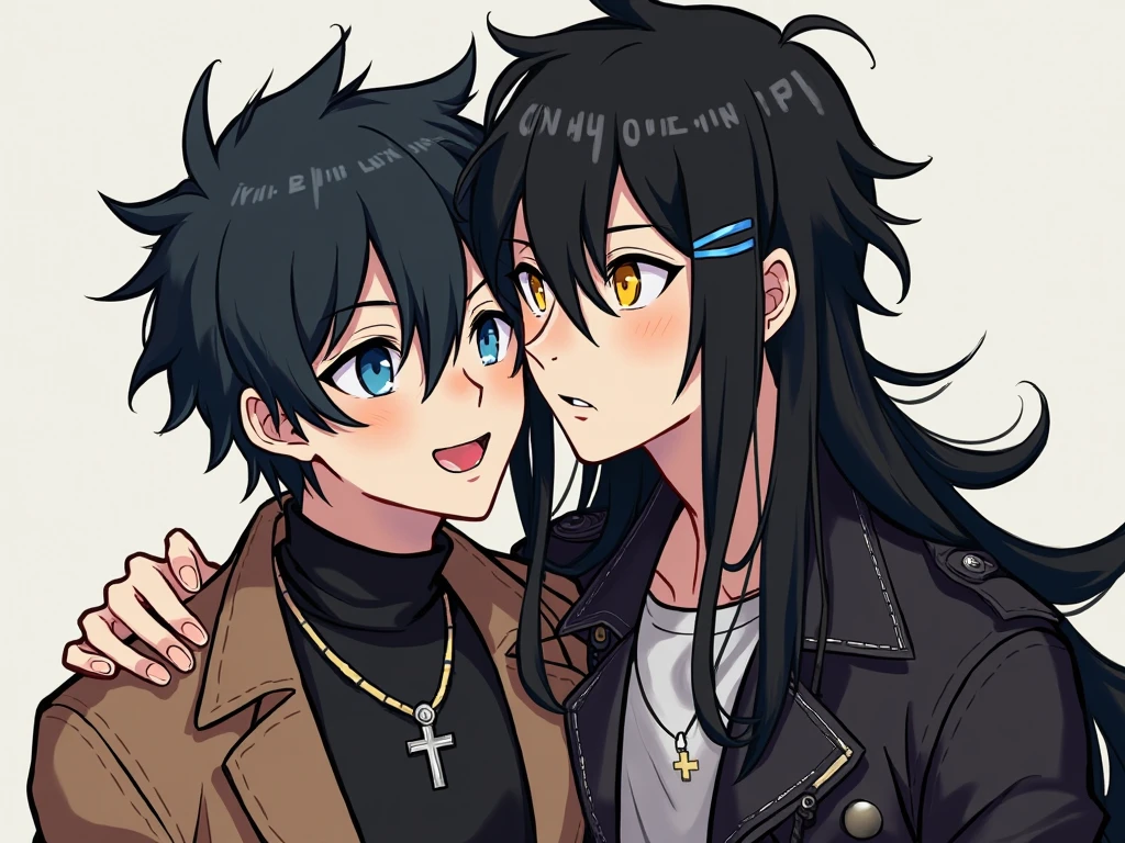 A young man of 25 years, defined body, very long hair, messy top, black eyes, smile flirtatious, Emo, black leather jacket, black t-shirt, worn black pants,