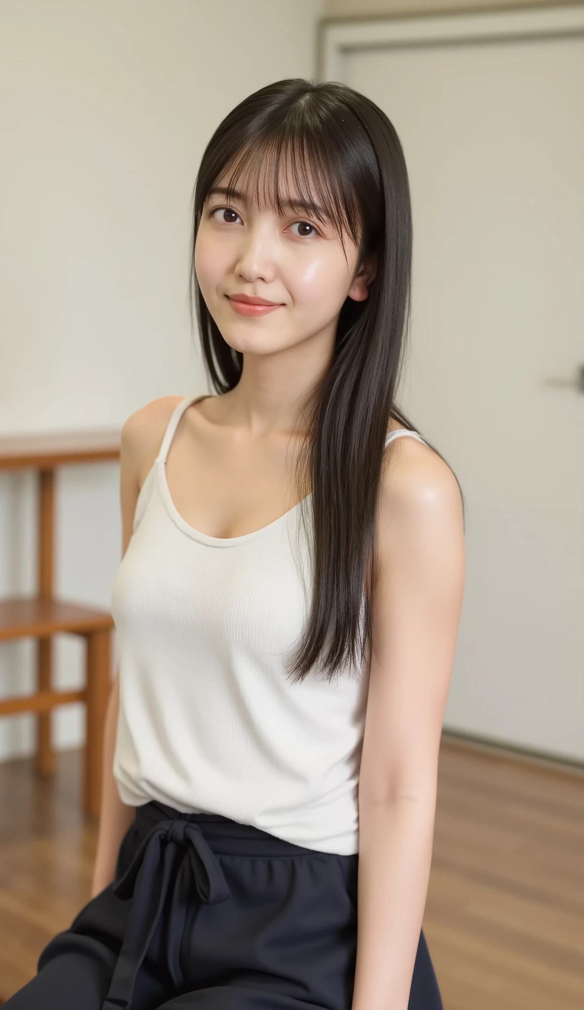 best quality, 8k, masterpiece, Ultra High Resolution, (photorealistic: 1.4), RAW photo, ( brown hair 、Bright and long hair ), (wearing tank top), (Tied at the waist:1.3), slim abs: 1.1, (((Standing leaning forward in the classroom、open your legs ))), ((big natural breast , huge breast , Big natural breasts)),solo, ((full body:1.4))