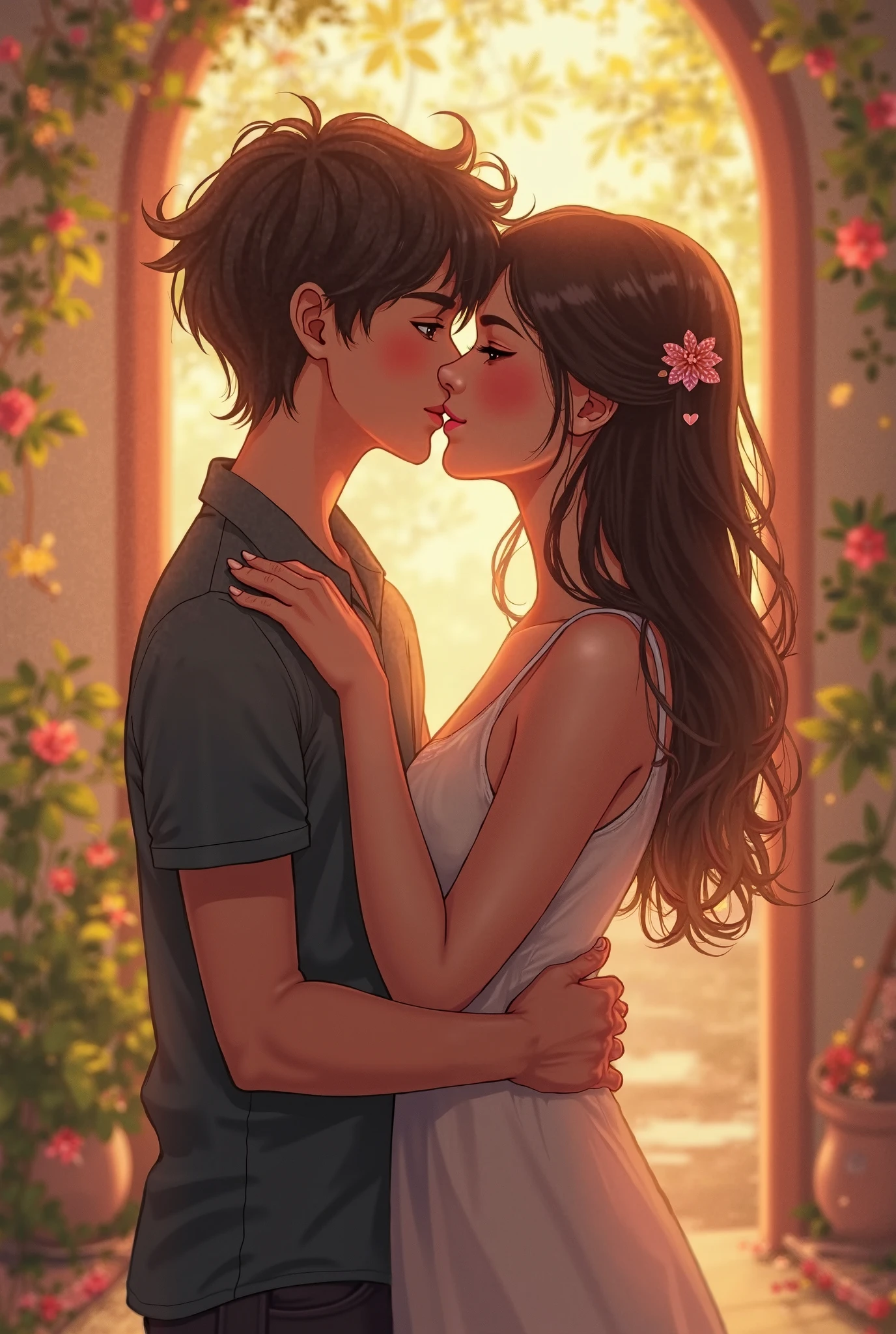 A girl and a boy are kissing while standing
