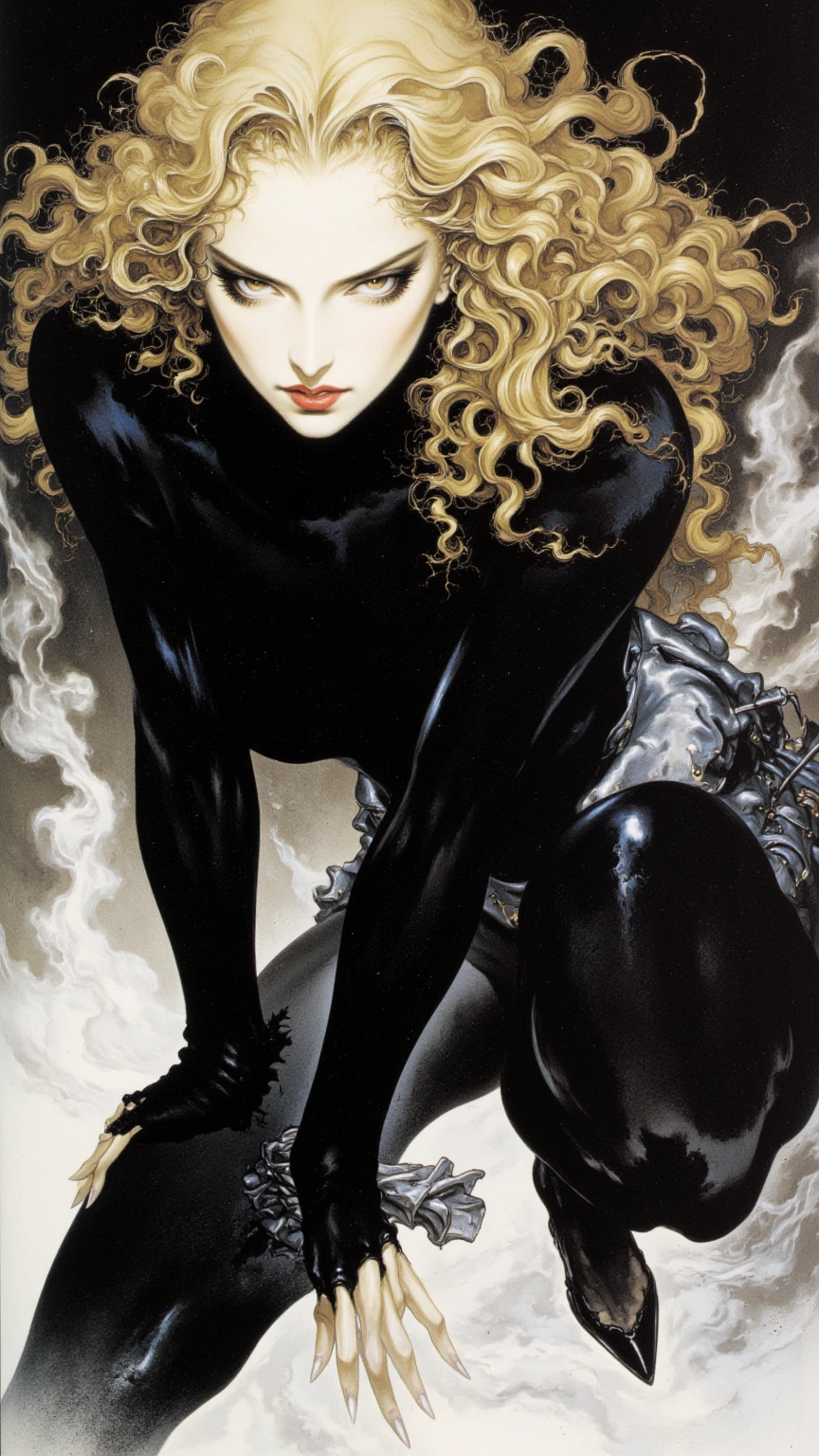 Black Widow from Marvel is depicted in the image. She is crouching, has black hair, and is clad in a sleek skin-tight shiny black latex bodysuit, which includes her silver wrist guard on both wrists, a belt made of shiny silver circles around her waist, and high heels. Her pose suggests she's drawing or aiming energy, perhaps from a wrist device. The white background has black lines and grey shades, creating a dynamic and stylish visual atmosphere.