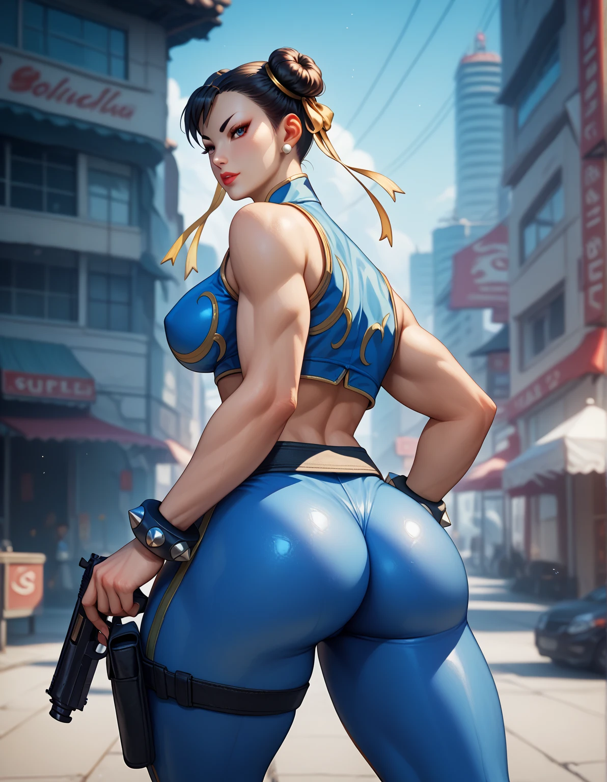 personaje chun li de street fighter, lado posterior mostrando su gran culo ano y desnuda con su ano a la vista (NSFW)