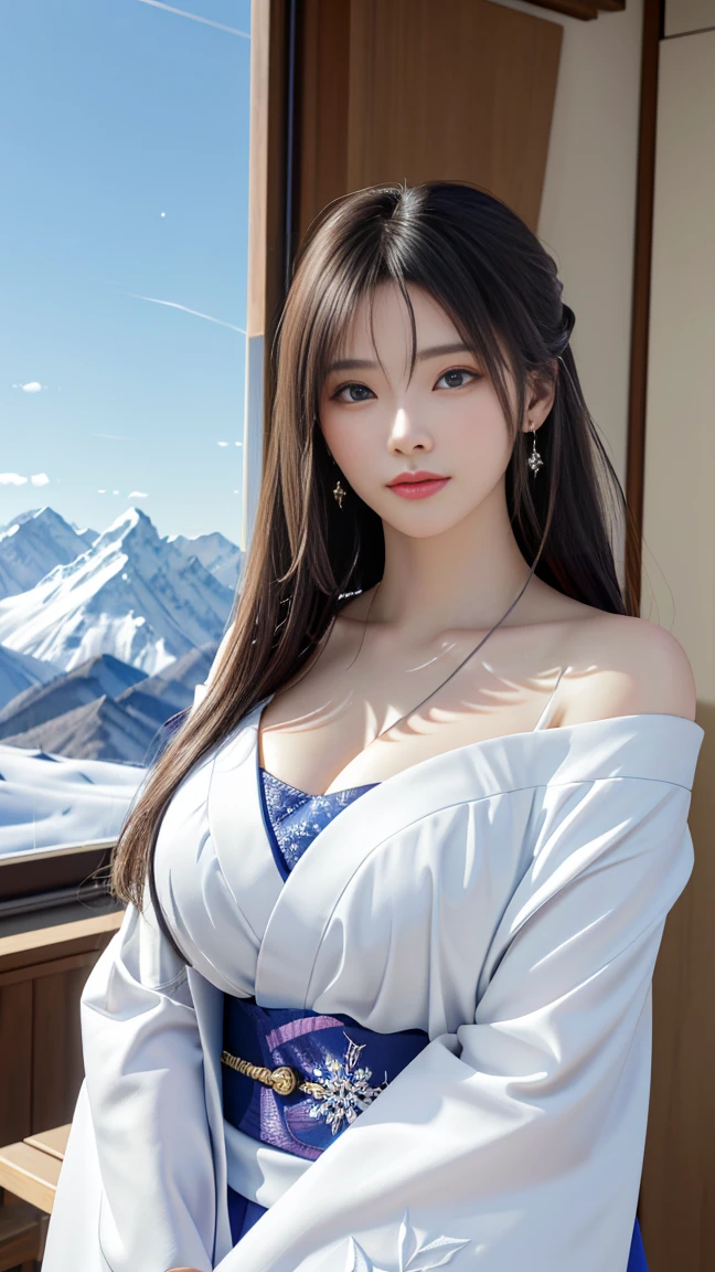 best quality,masterpiece, high resolution,The original, fair detailed eyes,Super detailed, 1 Girl, Solitary, Mature female, Cowboy shooting, White Kimono,Japanese clothes,sleeveless, Bangs,Brown eyes, Brown hair,Long hair, Large Breasts, Wide hips, Mature female, seductive smile, Attractive figure, slim body