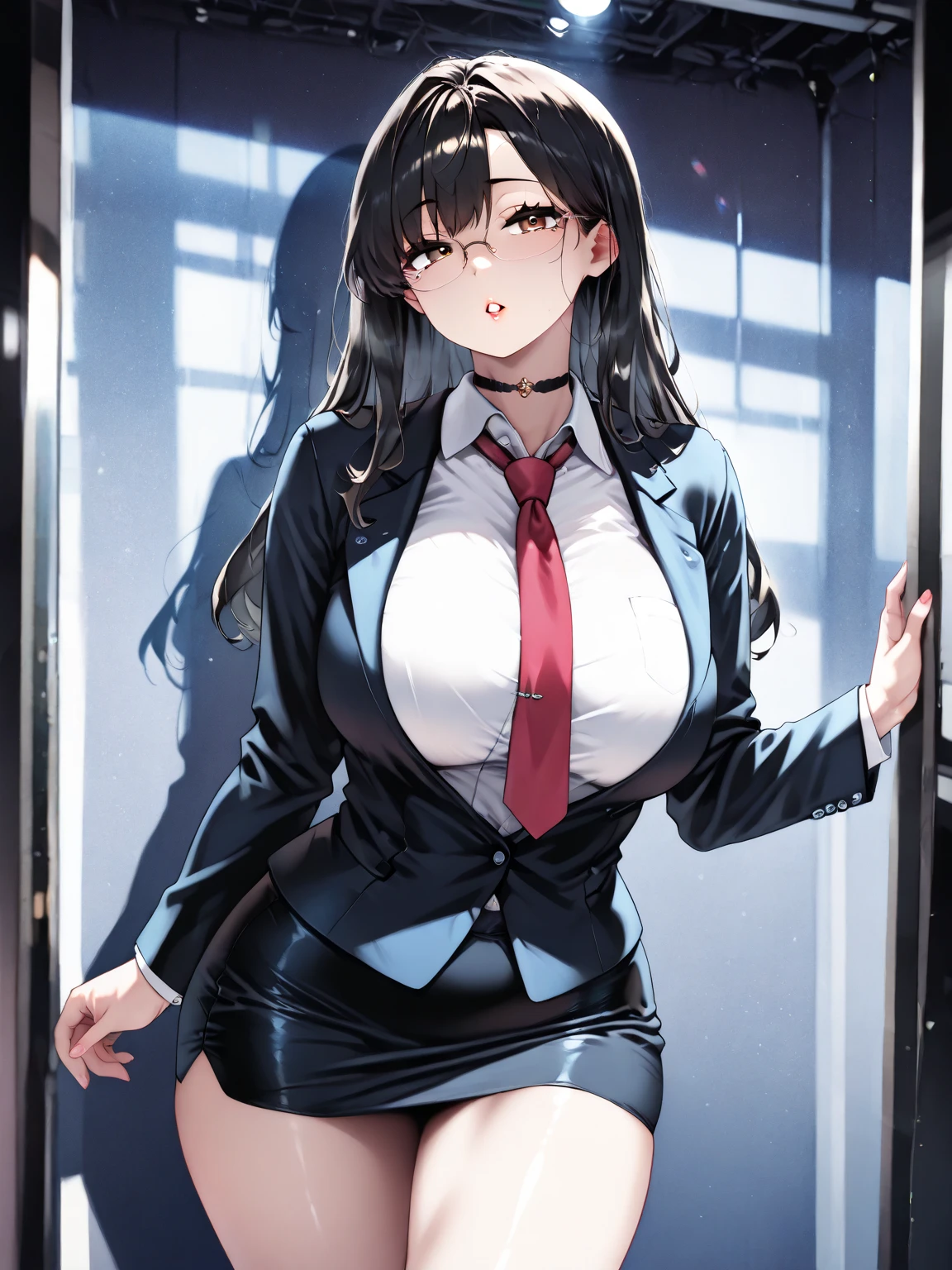 brown hair、Waist-length hair、blue eyes、Droopy eyes，pink lips，red glasses，purple underwear、OL，red business shirt，black tight skirt，Large belt，Are standing，Smiling embarrassedly，Crossed legs，sexy pose，red high heels，stick out your butt，Proudly，Angle from below，Holding a tablet in his right hand，left hand is on the waist，underwear is visible，shirt is unbuttoned