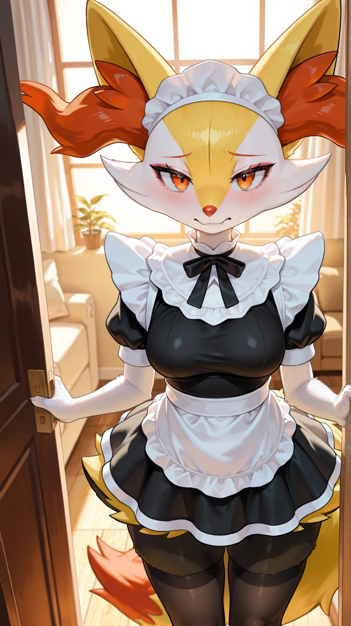 1girl, braixen \(pokemon\), pokemon \(creature\), braixen, furry female, orange eyes, fangs, half-closed eyes, closed mouth, looking at the viewer, tail, medium breasts, thighs, hips, (19-year-old girl), maid uniform, maid outfit, close-up, upper body, female focus, contrast lighting, side lighting, masterpiece, best quality, newest, absurdres, highres, amazing quality, very aesthetic, living room setting, sunset, pov, standing, black stockings, shy, (embarassed), depressed, baggy eyes, tired expression, from above