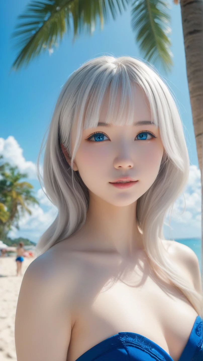 ((highest quality、masterpiece:1.3))、((Russian beauties))、1 female、18-year-old、big breasts:1.3、slender body shape:1.1、Glossy white beautiful skin、プラチナブロンドのsuper long hairー、(beach、wet body、cute bikini:1.1)、super detailed face、detailed lips、fine eyes、double eyelid、beachボール、laughter、blue sky、cloud、look left、kneel down、bright, big, Beautiful pale blue eyes shining like jewels、wide shot, 1 girl, super long hair, Beautiful and cute 16-year-old beautiful girl、beautiful bangs、very beautiful face、bright表情、bright and dazzling platinum blonde、long straight hair、Eyebrows behind bangs、school uniform、school uniform、textured white skin, highest quality, 4K high resolution、glowing skin, advanced details