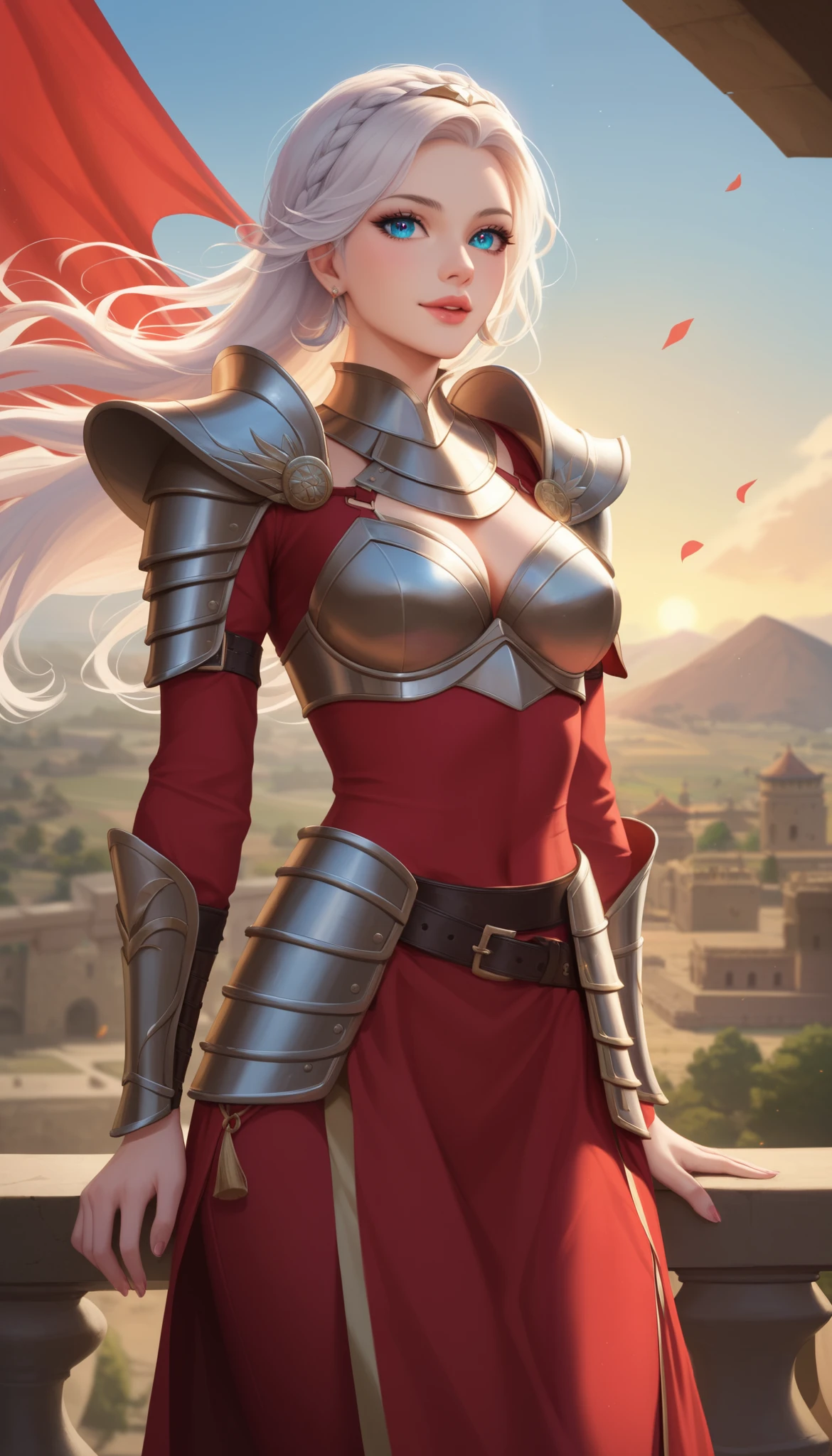 "A beautiful and innocent loli warrior, inspired by Furina. She has long white hair, shiny, flying in the wind, sparkling eyes exude confidence and strength. She stands on the porch between the dark and smoky ancient battlefield, red light from the flames reflected onto the shiny black dragon scale armor. Armor made of high-tech metal, hugs her petite yet charming body, accentuate soft curves and plumpness. Shoulder-length armor design, revealing blue bones and slender shoulders, add femininity. Her hands behind her back, chest protrudes forward, Proud and indomitable divine. Complex lighting and subtle shadows create so the strong contrast, accentuates the mysterious and captivating warrior atmosphere amidst the dark scenery, Alone."