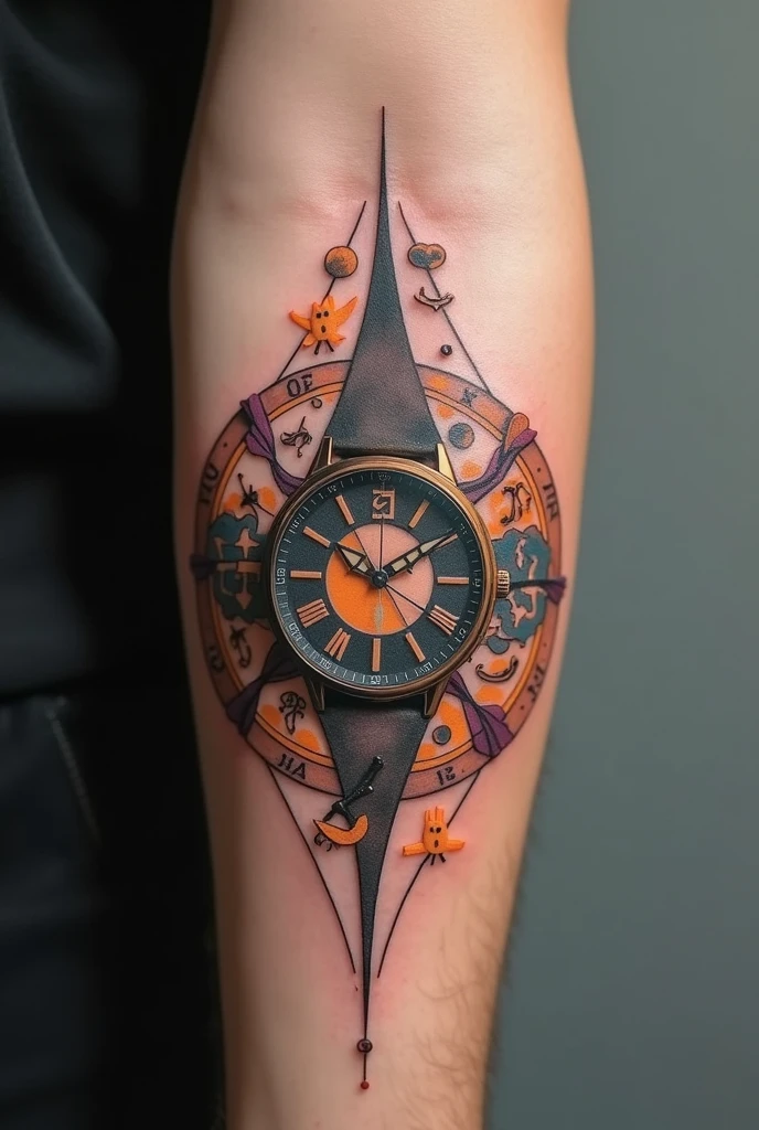 Tattoo of a compass with an arrow passing through it