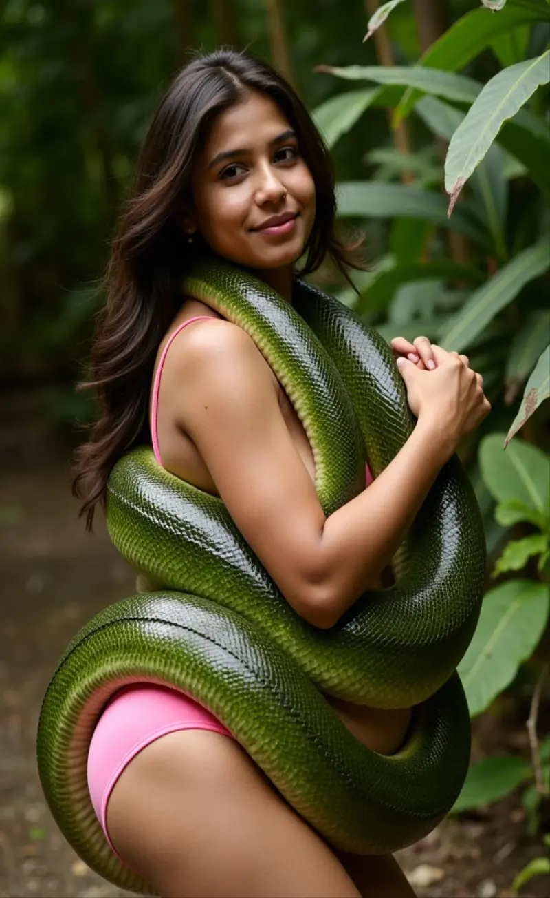  Happy Horny, aroused 1girl), beautiful  Indian  pink thong  wearing young teen girl with  giant colossal green Kaa monster squeezing her hard, wrapped in thick spiraling coils, constricted, struggle, gasping for air, snake attack, snake peril,