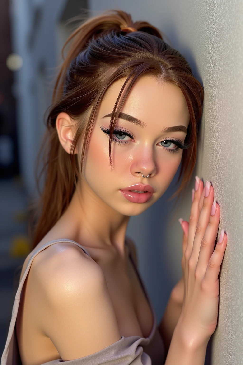  Kizi, caucasian brunette Kizi, beautiful  face, whole body, sultry body, lingerie, flat shoes, tan pantyhose, hairstyle with two braids, aretes, necklase, looking at the camera, short in stature, innocent looking, in the bedroom, exquisite detail, (no panties), (NUDE), kink collar , (naughty face)
