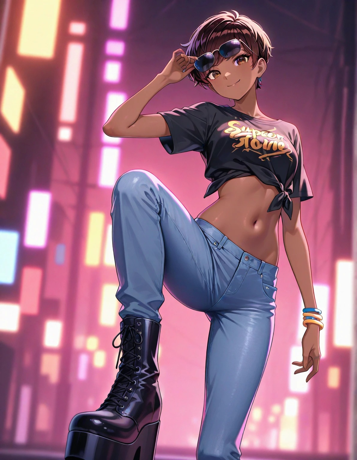 (extremely detailed CG unity 4k wallpaper),(masterpiece),(best quality),(ultra-detailed),(best illustration),(best shadow),(absurdres),(detailed background) femboy, cute, slim build, brown eyes, dark black skin, African-American, long curly black hair, Daisy dukes, supreme blouse, Jordan sneakers, gucci purse, thick thighs, big ass, flat chest, bulge, black eyeliner, gold color lipstick, Smile, wall with graffiti background, crouching pose,