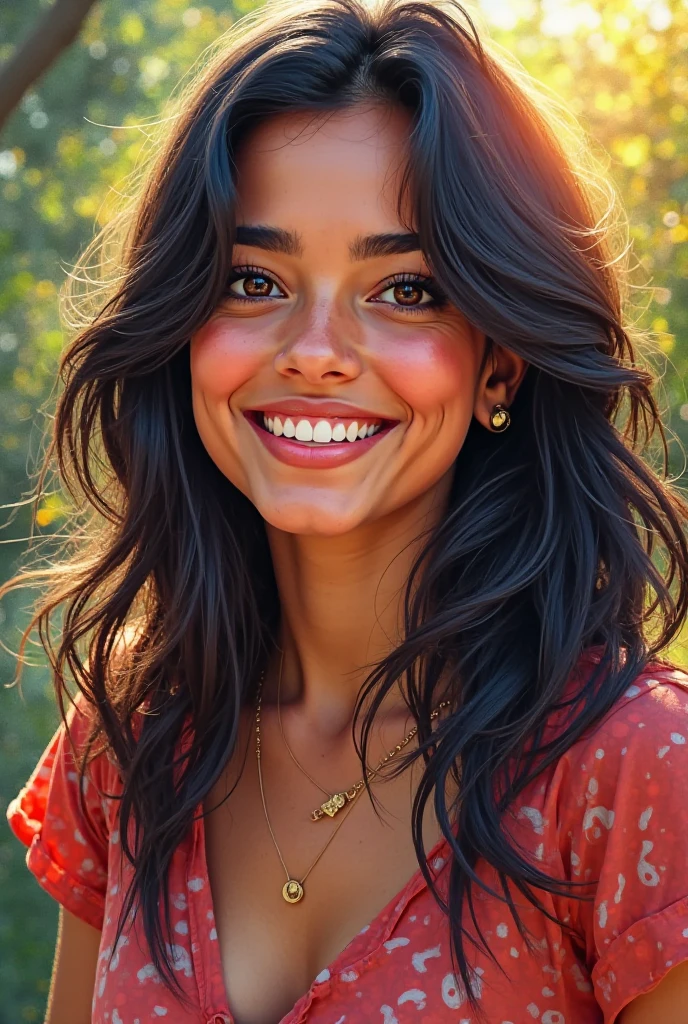 award winning photo of an Arabic girl, petite body, naked, perky , deep tan skin, long curly hair in a ponytail, smiling at camera, goofy happy expression, tropical oasis, low angle perspective, by lee jeffries nikon d850 film stock photograph 4 kodak portra 400 camera f1.6 lens rich colors hyper realistic lifelike texture dramatic lighting unreal engine trending on artstation cinestill 800, dark, deep shadow, high contrast