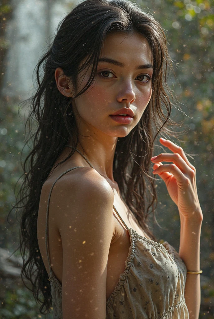 woman stands outside in the rain, shimmering skin, finest luxury, reflecting rain light on her, (she's soaking wet from the pouring rain, standing outside in open next to street light)), most beautiful woman on earth, (her hair is (dripping wet:1.2), she glistens with natural light glow, radiant skin) , long wet hair, (her summer dress soaked), a stunning American woman, Her skin is wet,, she smiles, outside, (relaxed , happy and refreshed)), (hyper-detailed wet dress, fabric, (rain drops visible in air, backlit)), (highest quality fabric texture), lush wet clothes with accent highlights, film quality, rain drops in air, splashing behind, puddles(ultra-realistic , rainy sky, atmosphere ,soft accent light, gorgeous Rembrandt style lighting, (Rembrandt patch)), (highest quality wet fabric texture), matte dress fabrics, Her wet drenched hair, ultra-realistic, adorned with long lashes, the color of fireflies, a world of passion. Finely detailed,(Fine-grained), (highest detail skin texture peach-fuzz earlobe realistic, water droplets) ○○ res – ultra high high resolution , very high texture (water highlights resolution), Photorealistic hands and fingers – (photorealistic beautiful 4k) , 8K,extreme detail, close and intimate, she looks to camera, teasing, Her perfectly sculpted lips, lifelike, highly real natural lips. she is a, Vermeer, a work of art, enticing. indulge in desire.solo woman, (highest quality fabric texture), light hair, every detail,Fine facial features, Masterpiece – Masterpiece ○○ quality – (Highest Quality) ,Leica film, High quality ○○ detailed – ○○ details ultra detailed(Ultra-fine ), Photorealistic, Extremely detailed(Extremely detailed) , Finely detailed, (highest detail water drops realistic)○○ res – ○○ resolution ultra high res(A high resolution)