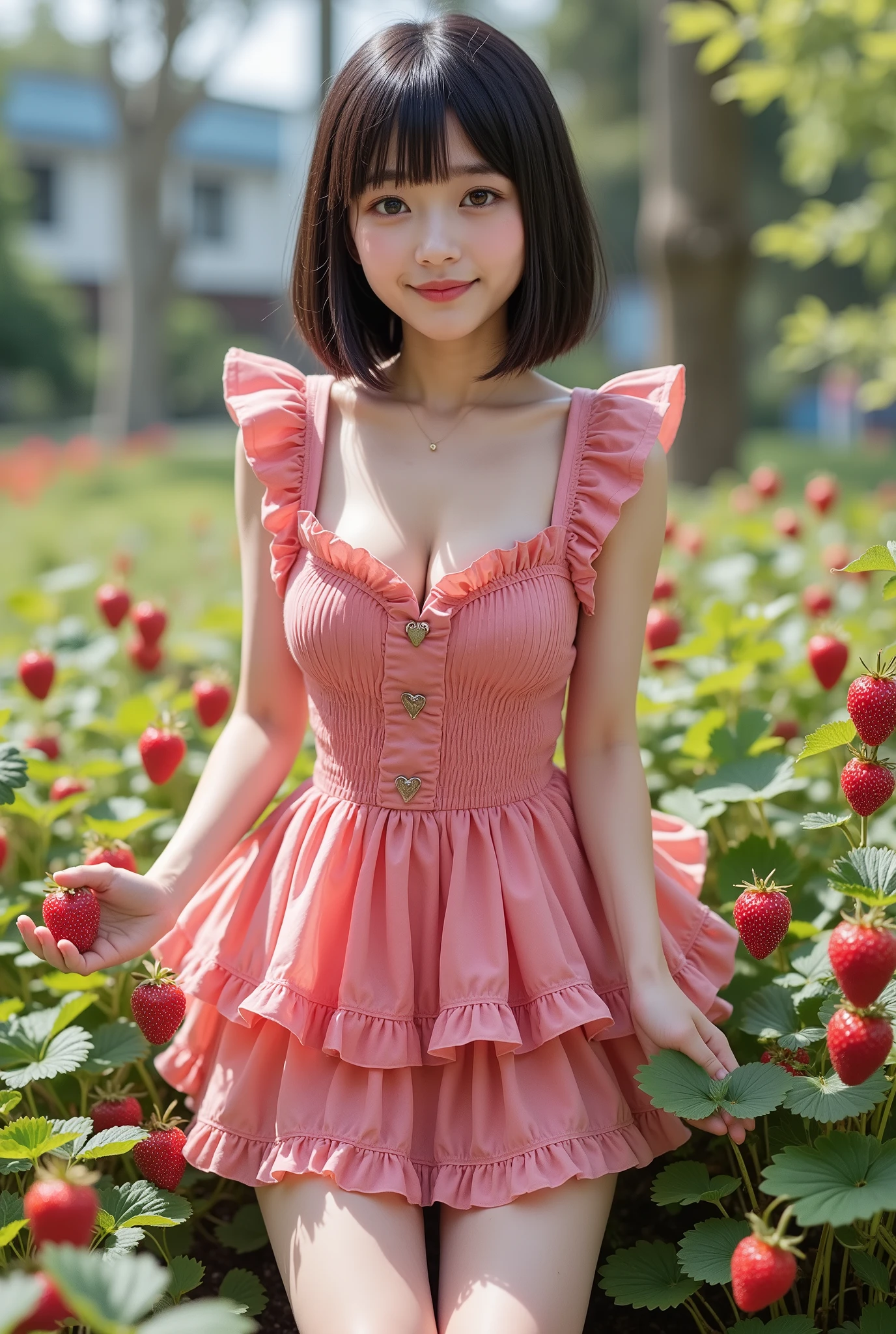 Perfect Beautiful Girl , Baby Face , She is Indonesian , White Skin , (Bright Retina) , Huge Round Chests , small Breast , red Dress Cloth , (Symetrical Photos) , 8 Years Old , Standing Girly , Pink Short Hair , HDR , Extreme Detailed , Cute Headband , ((Muscles:1.1))