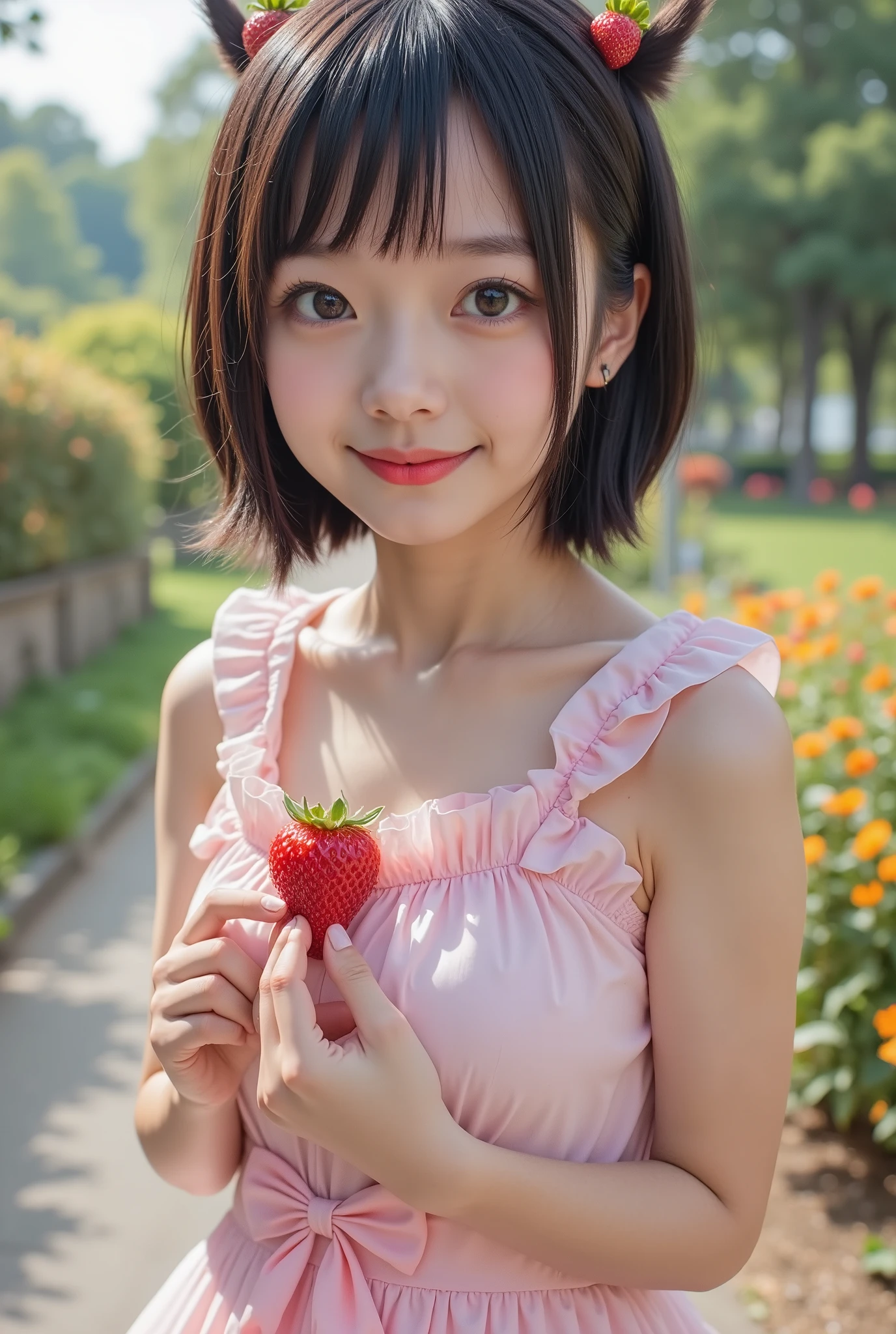 (extremely detailed, score_9, score_8_up, score_7_up, highest quality, ultra high quality, highest resolution, sharp focus, 8K UHD), Fantastic and realistic portrait of a petite very young Japanese woman, (((full body photo, slender legs visible))), happy smiling face, detailed facial depiction, detailed eye depiction, large eyes with double eyelids, thick lips, black hair, black pupils, woman wearing a miniskirt dress with a fluffy silhouette and lots of frills, costume inspired by a strawberry fairy, unrealistic and fairy-tale-like space inspired by strawberries, holding a strawberry in one hand, very fantastical, depth of field photo, bob hair with trimmed bangs, looking at the viewer,
