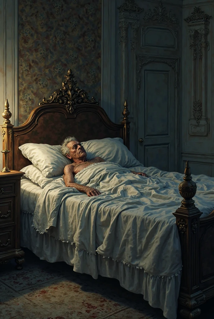 illustrates a 60 year old king bare-chested being murdered on his bed 