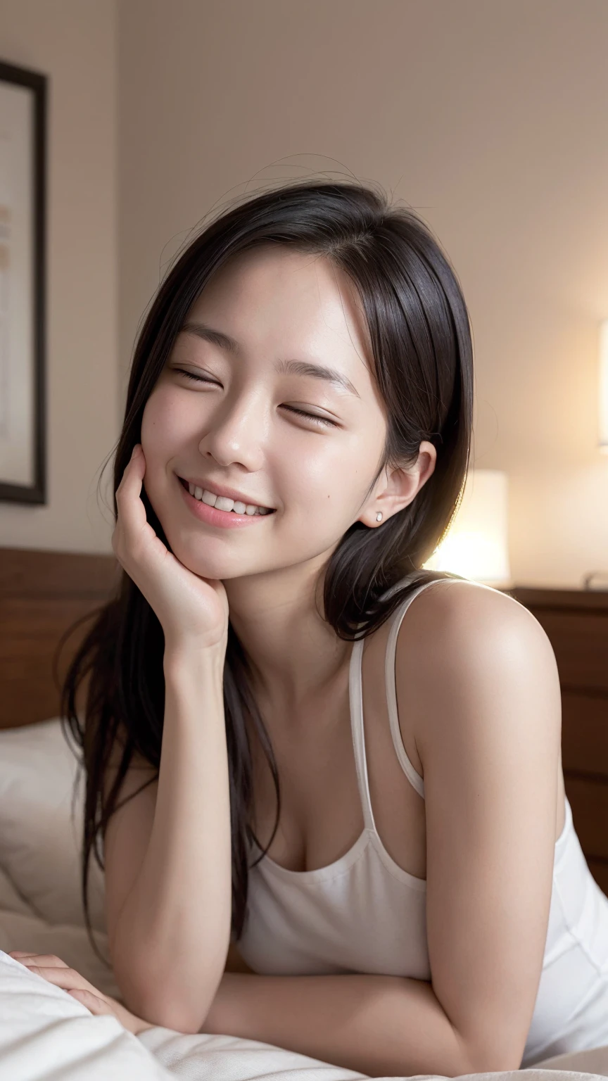 Beautiful,K-pop idol,japanese idol,Japanese actress,high resolution,Beautiful skin,8k,RAW photo,best quality,masterpiece,realistic,photo-realistic,clear,professional lighting,beautiful face,best quality,ultra high res, Beautiful eyes,sexy,beautiful lips,A beautiful c Leach,White teeth,beautiful row of teeth,smile,Morning light,A beautiful c Leach,bed